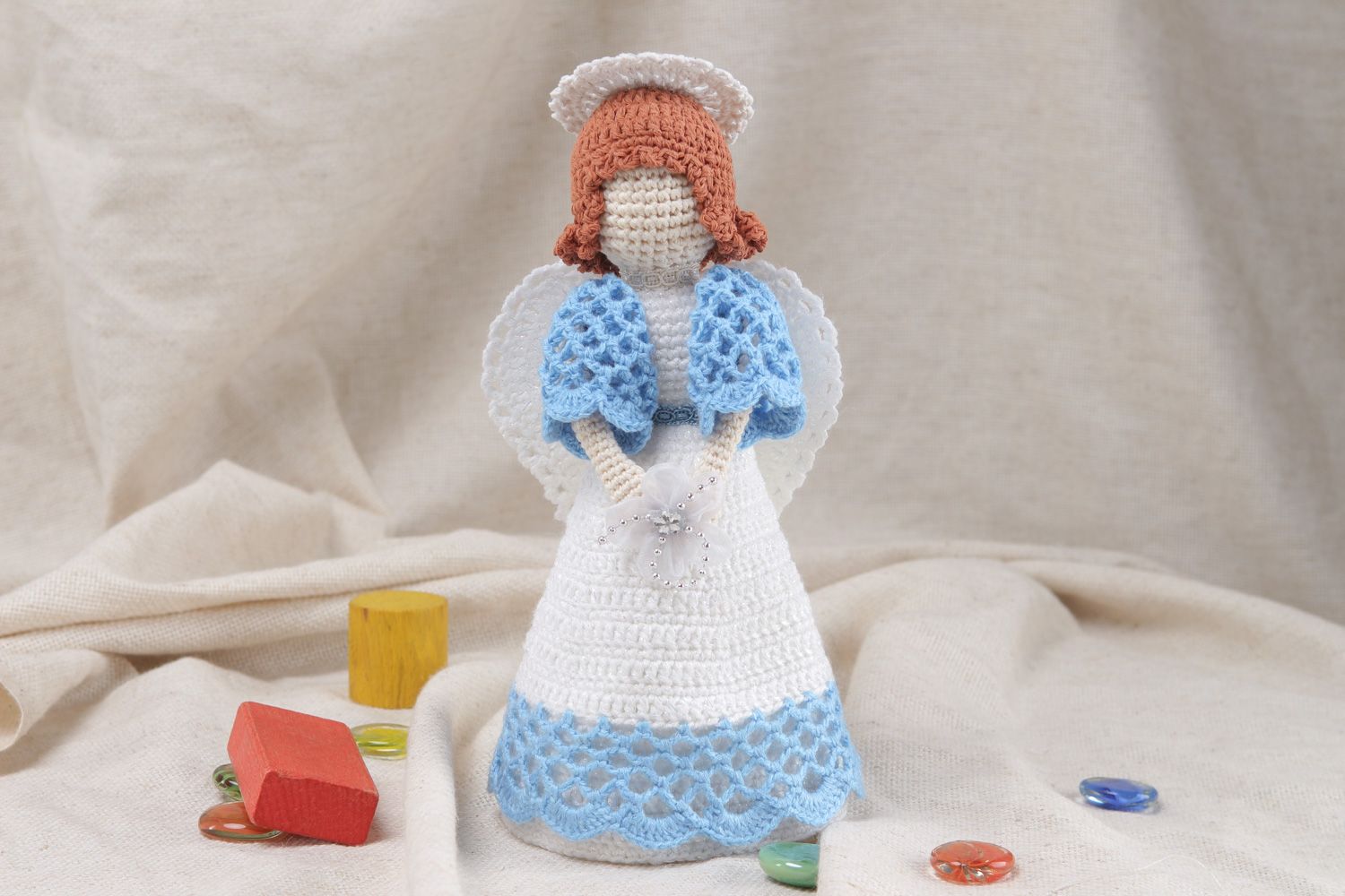 Handmade soft toy angel crocheted of white and blue cotton and acrylic threads photo 5