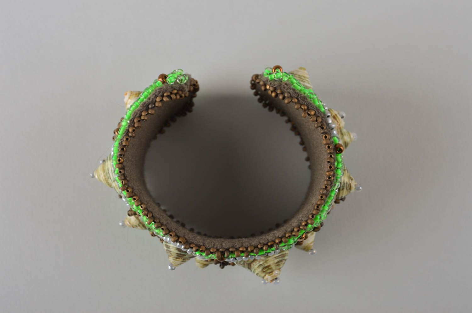 Cuff handmade beaded bracelet costume jewelry in light green and golden colors for women photo 4