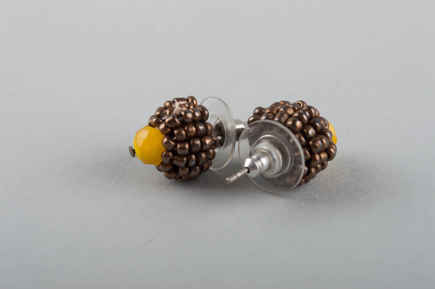 Designer round handmade grey and yellow cute stud earrings with beads  photo 5