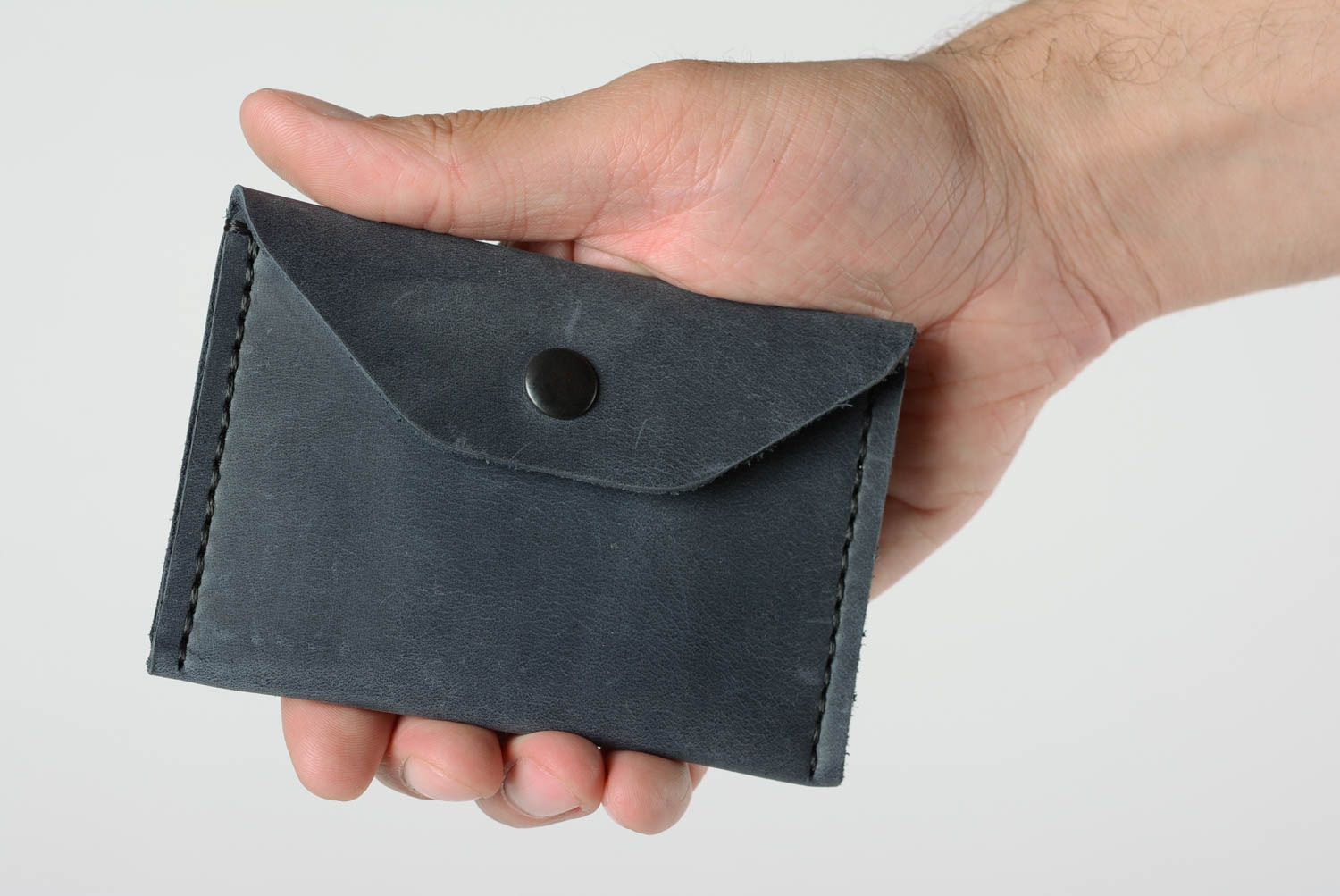 Handmade small designer black genuine leather wallet for coins unisex photo 1