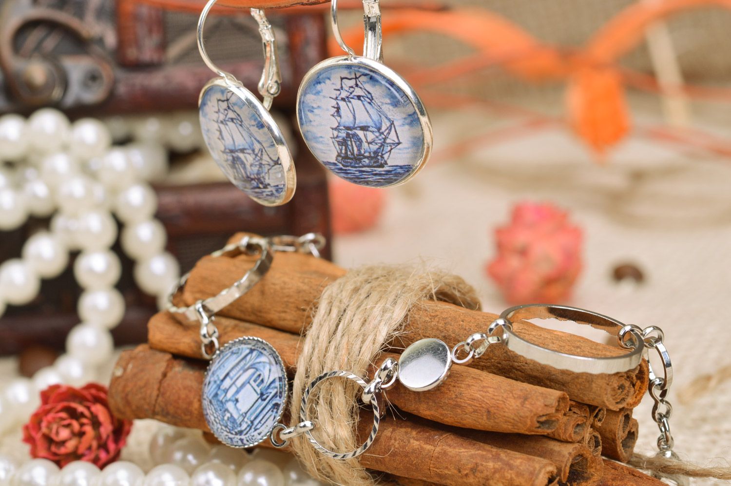 Handmade set of metal jewelry earrings and bracelet with print in nautical style photo 1