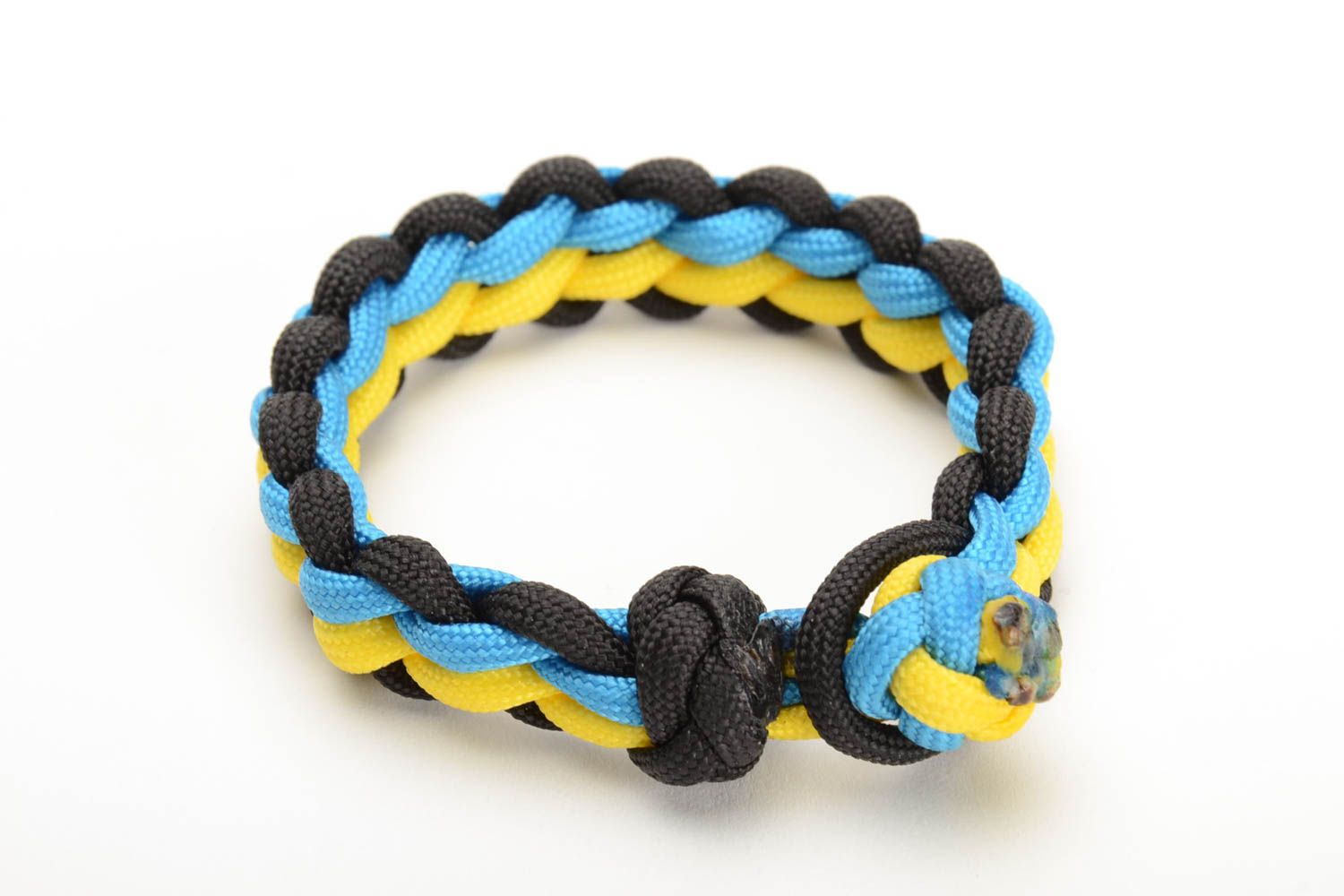 Blau gelbes Armband aus Nylon unisex handmade modisch breit dreifarbig geflochten foto 3
