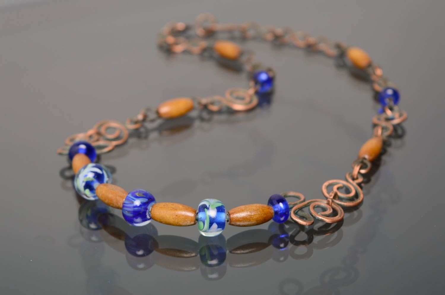 Wire wrap necklace with designer lampwork and wooden beads Venice photo 1