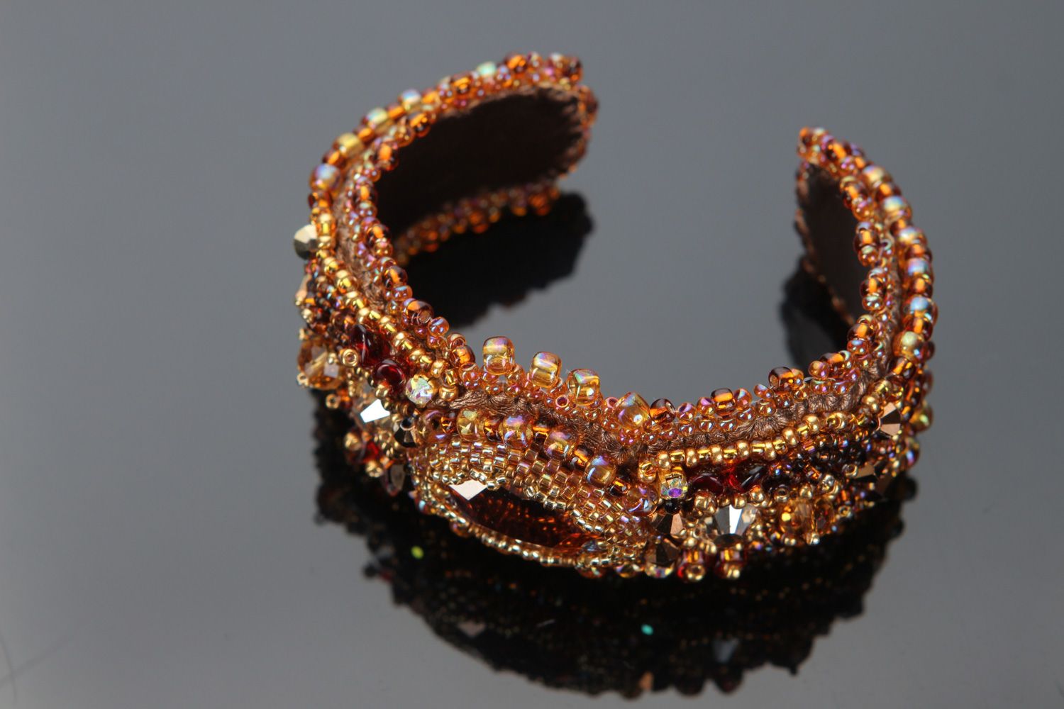 Handmade brown sparkling wrist bracelet embroidered with beads and crystals photo 2