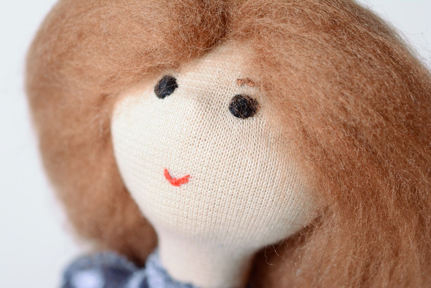 Handmade doll sewn of artificial velvet with voluminous hair photo 2