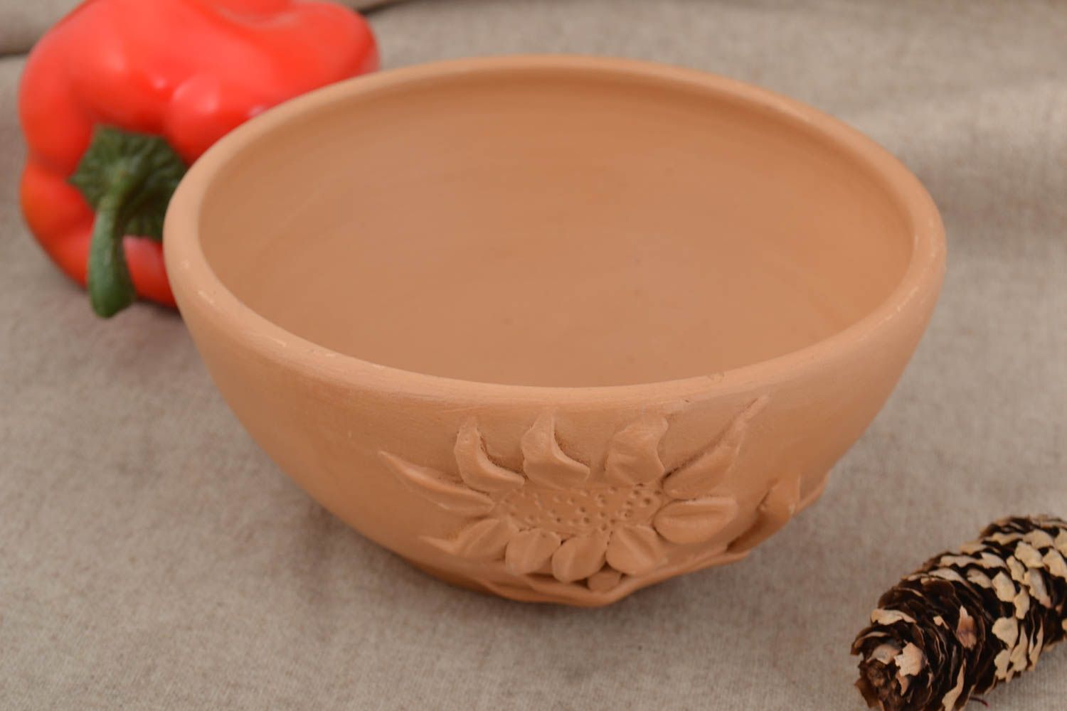 3-inch ceramic soup bowl with molded sunflower pattern in light terracotta color 1lb photo 1
