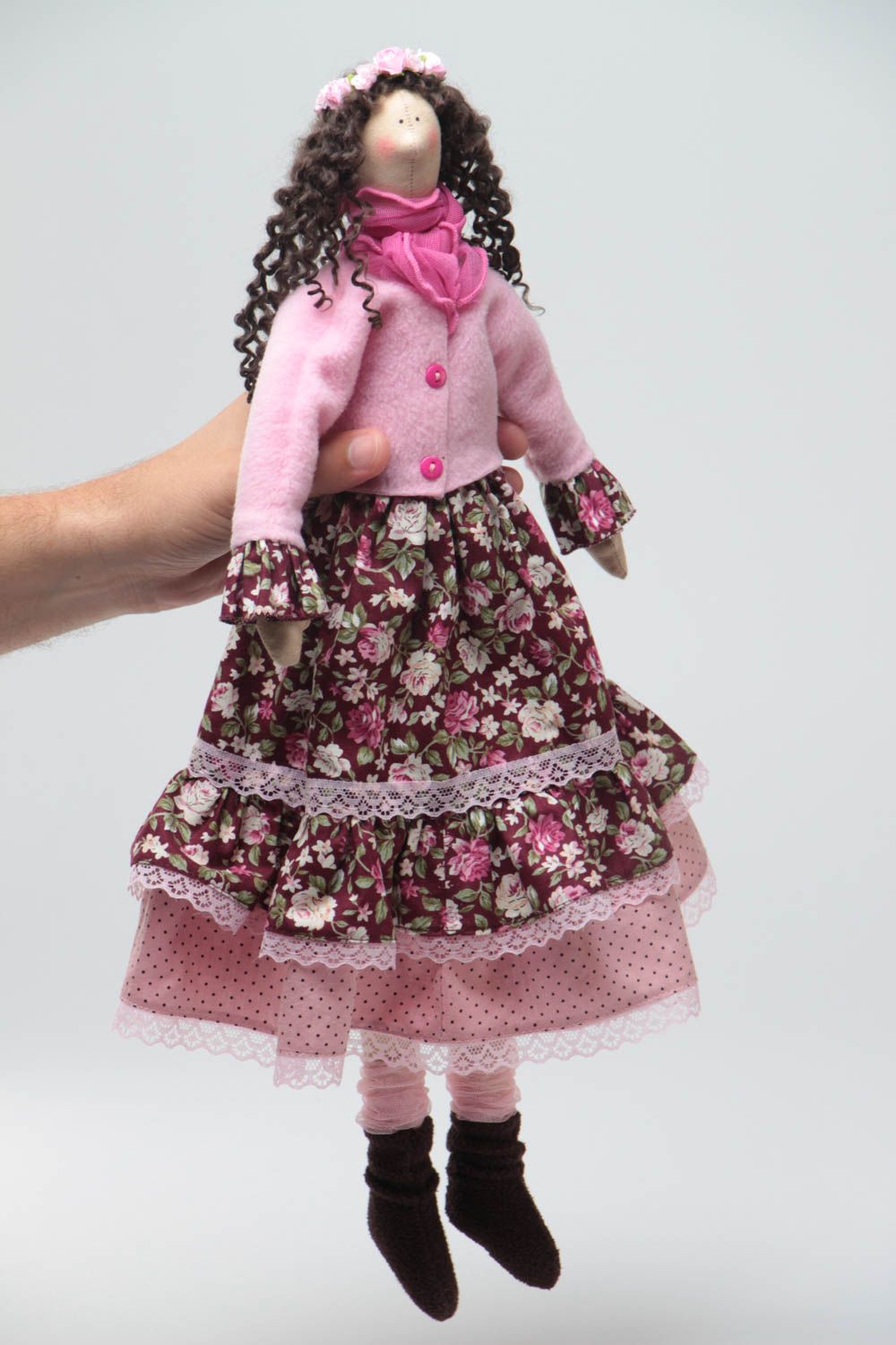Unusual beautiful handmade textile soft doll Pink children's toy photo 5