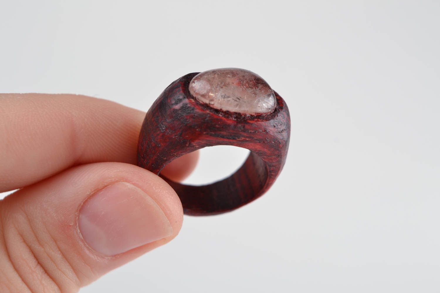 Handmade designer carved wooden red jewelry ring with natural stone for women photo 2