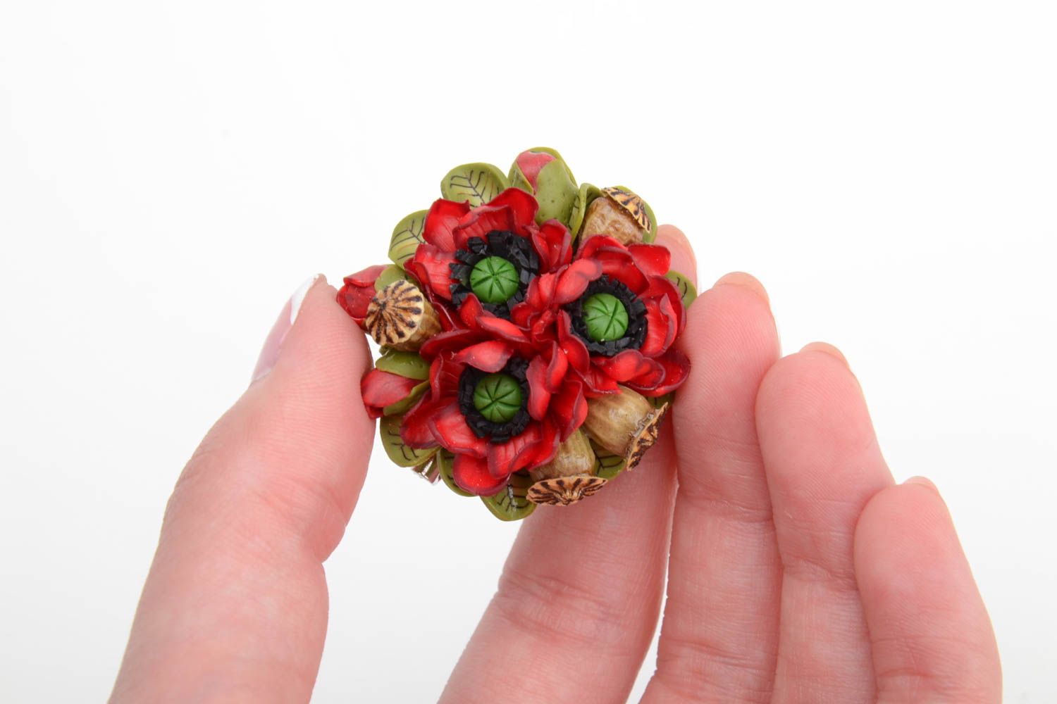 Handmade volume brooch bright red and green polymer clay poppy flowers bouquet photo 3