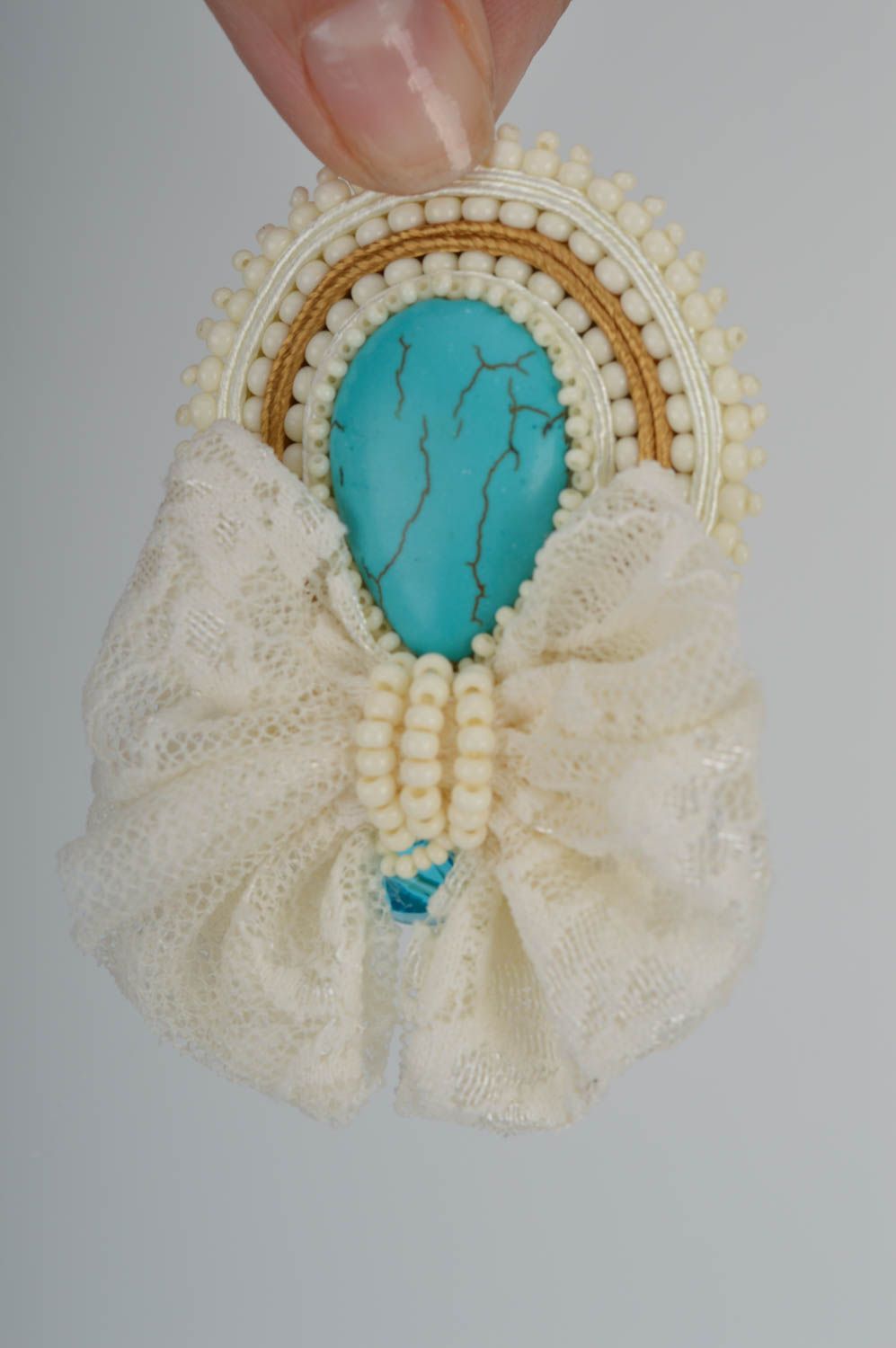 Beautiful handmade elegant soutache brooch adorned with beads and lace photo 3