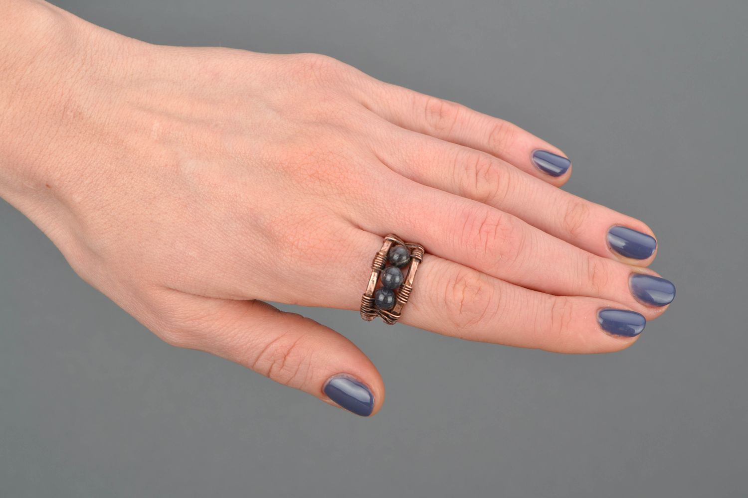 Wire wrap copper ring with aventurine stone photo 2
