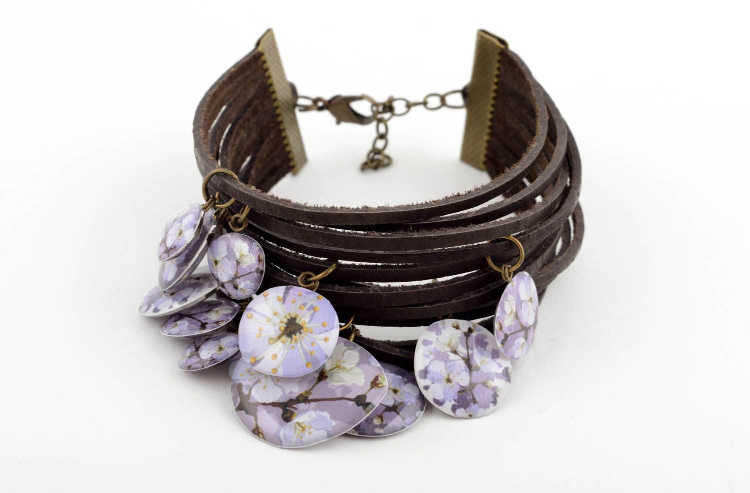 Bracelet cuir marron Bijou fait main large breloques à motif floral Cadeau femme photo 1