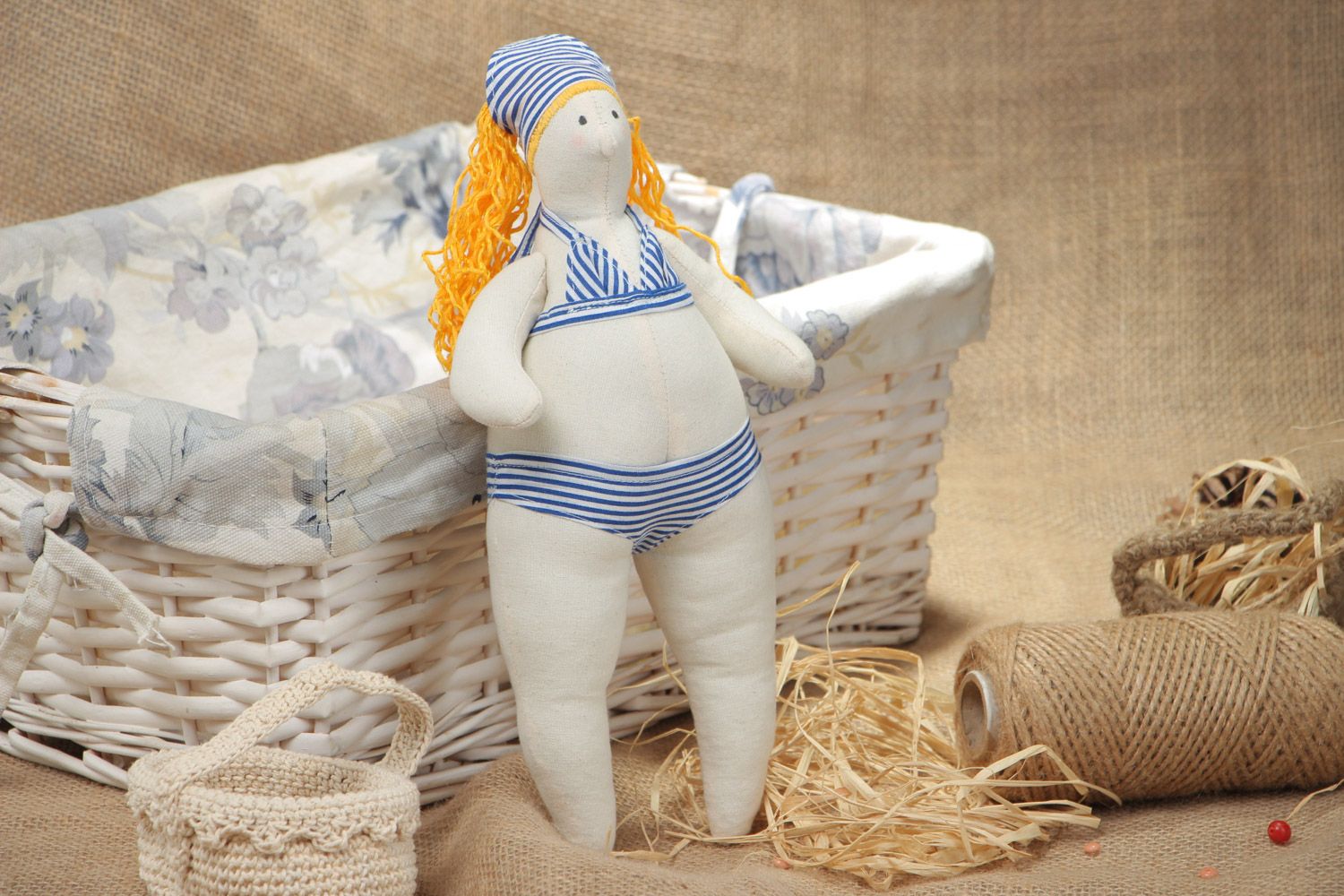Handmade soft toy sewn of cotton and linen Girl with yellow hair in swimming suit photo 1