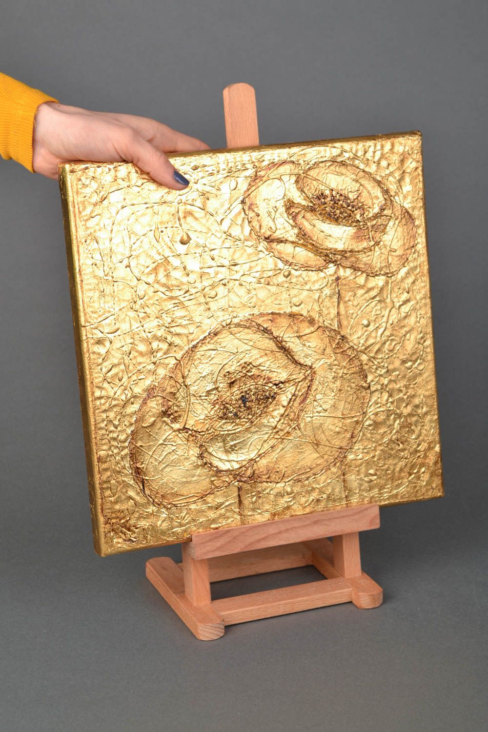 Tableau décoratif sur toile dorée fait main original insolite Pavots dorés photo 2