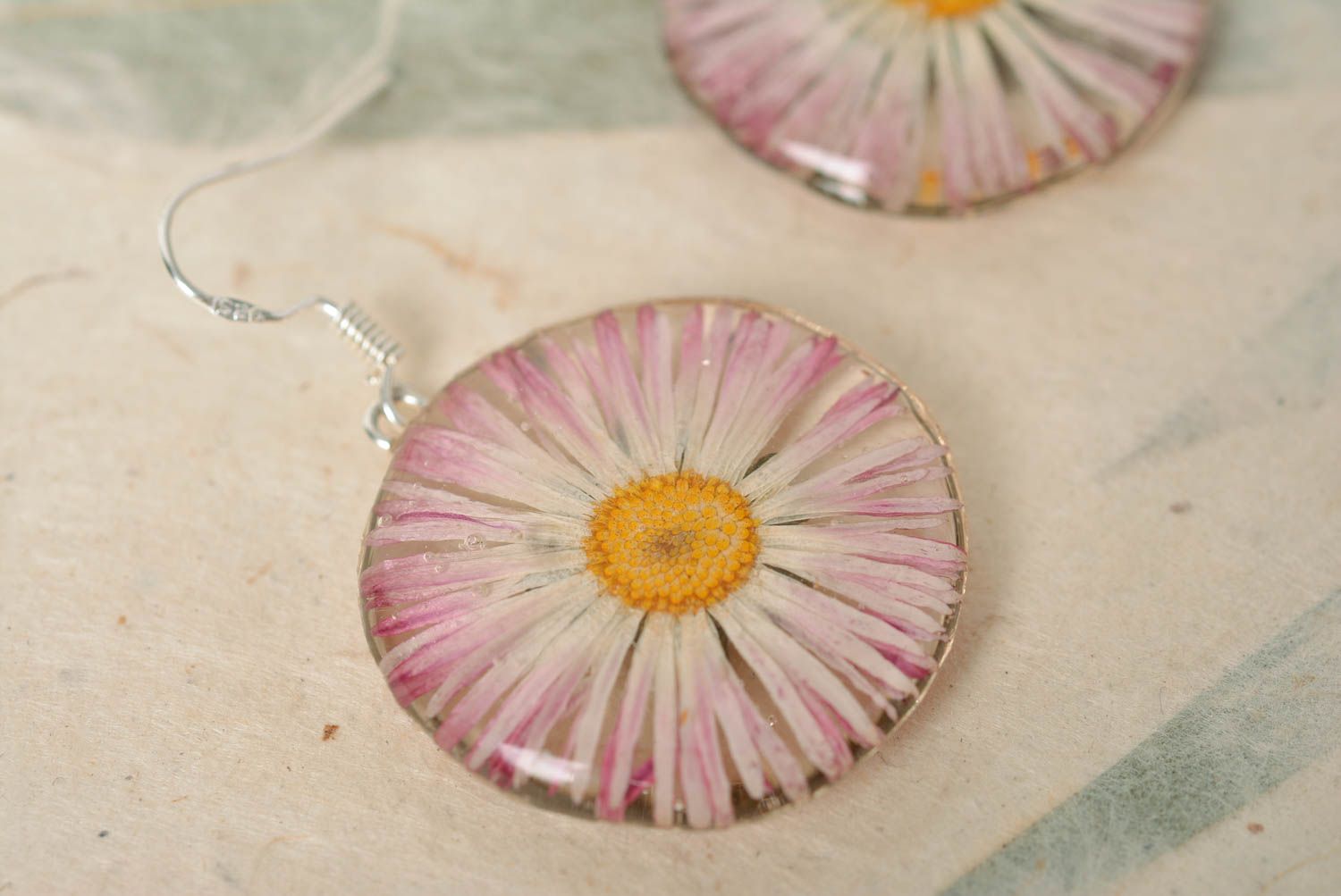 Festive handmade pink dangle earrings with dried flowers coated with epoxy photo 4