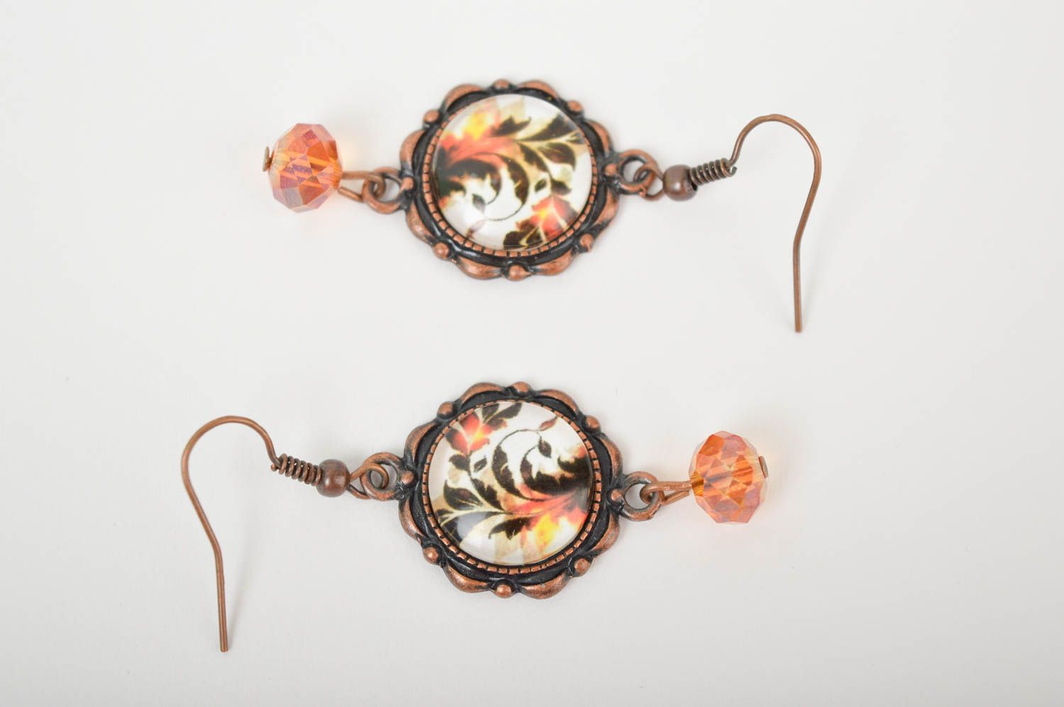 Unusual handmade metal earrings glass cabochon earrings artisan jewelry photo 3