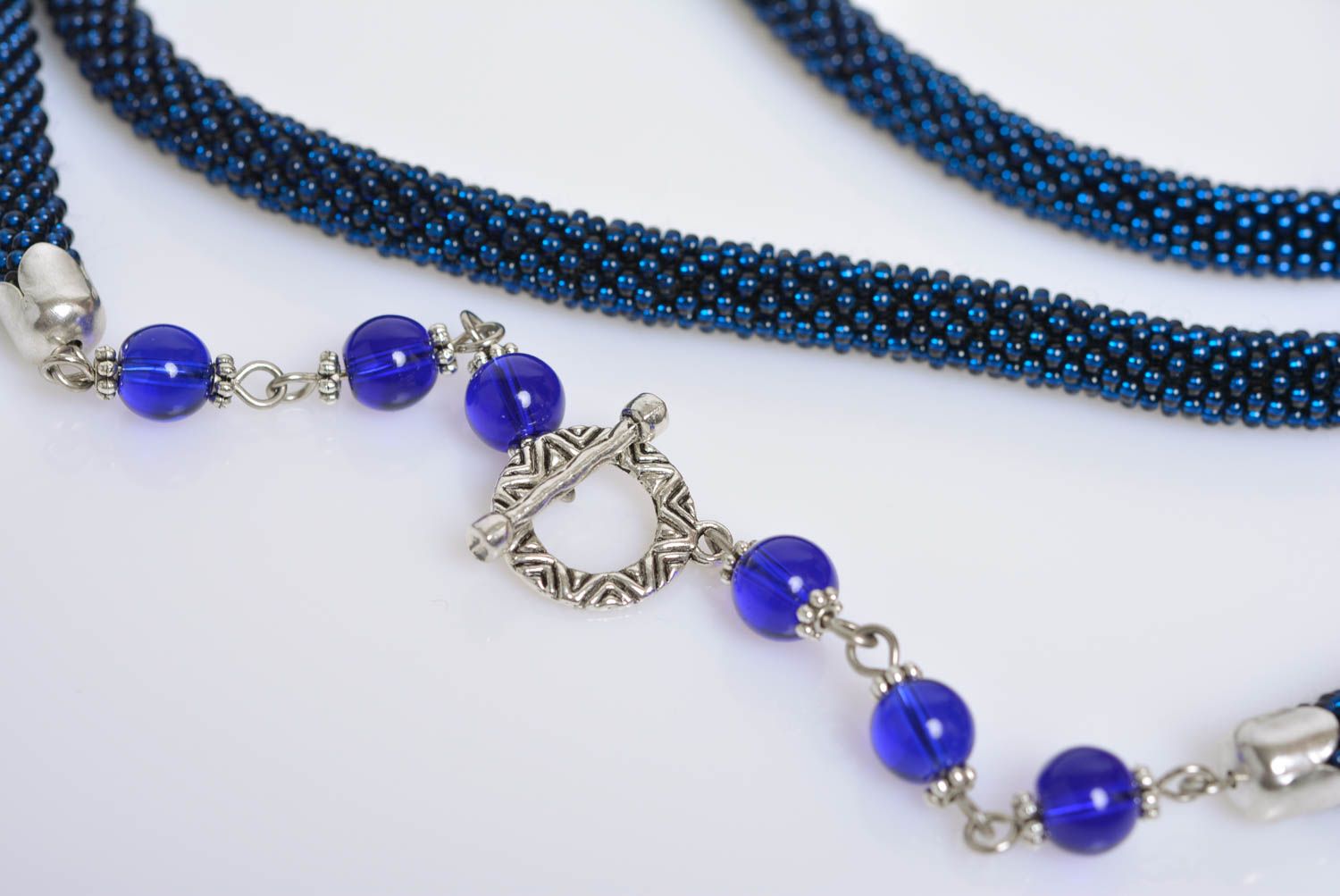 Handmade long laconic designer dark blue bead woven cord necklace for women photo 3