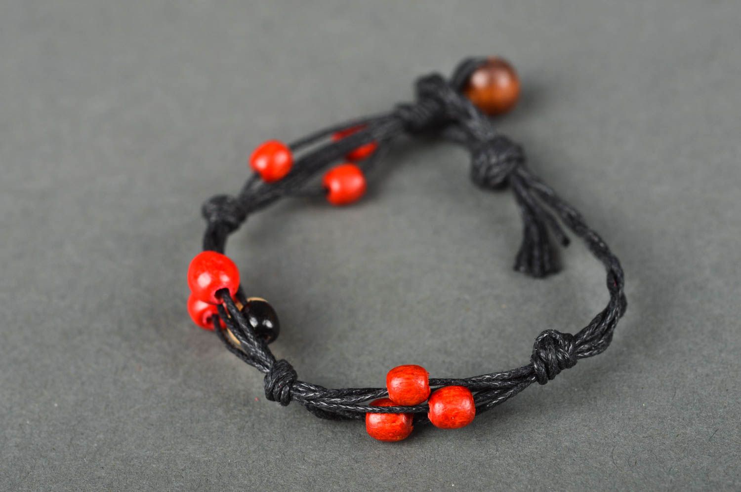 Wax black rope handmade strand red beads bracelet for her photo 3