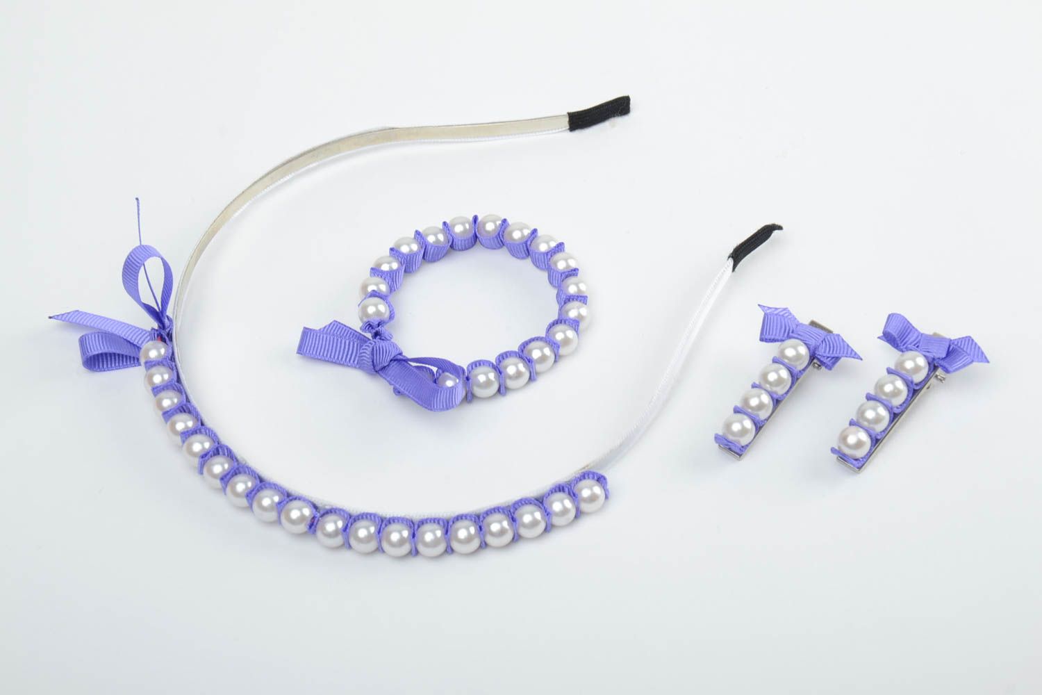 Set of 4 handmade light violet bead accessories headband bracelet and 2 hair clips photo 2