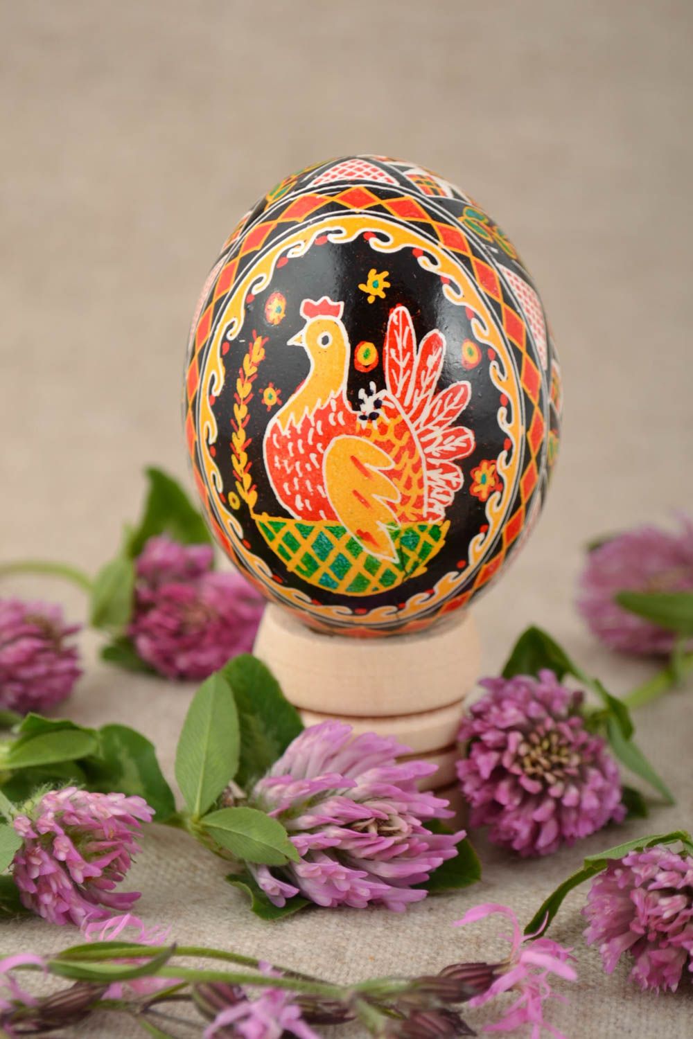 Beautiful handmade painted Easter egg with chicken and other symbols  photo 1