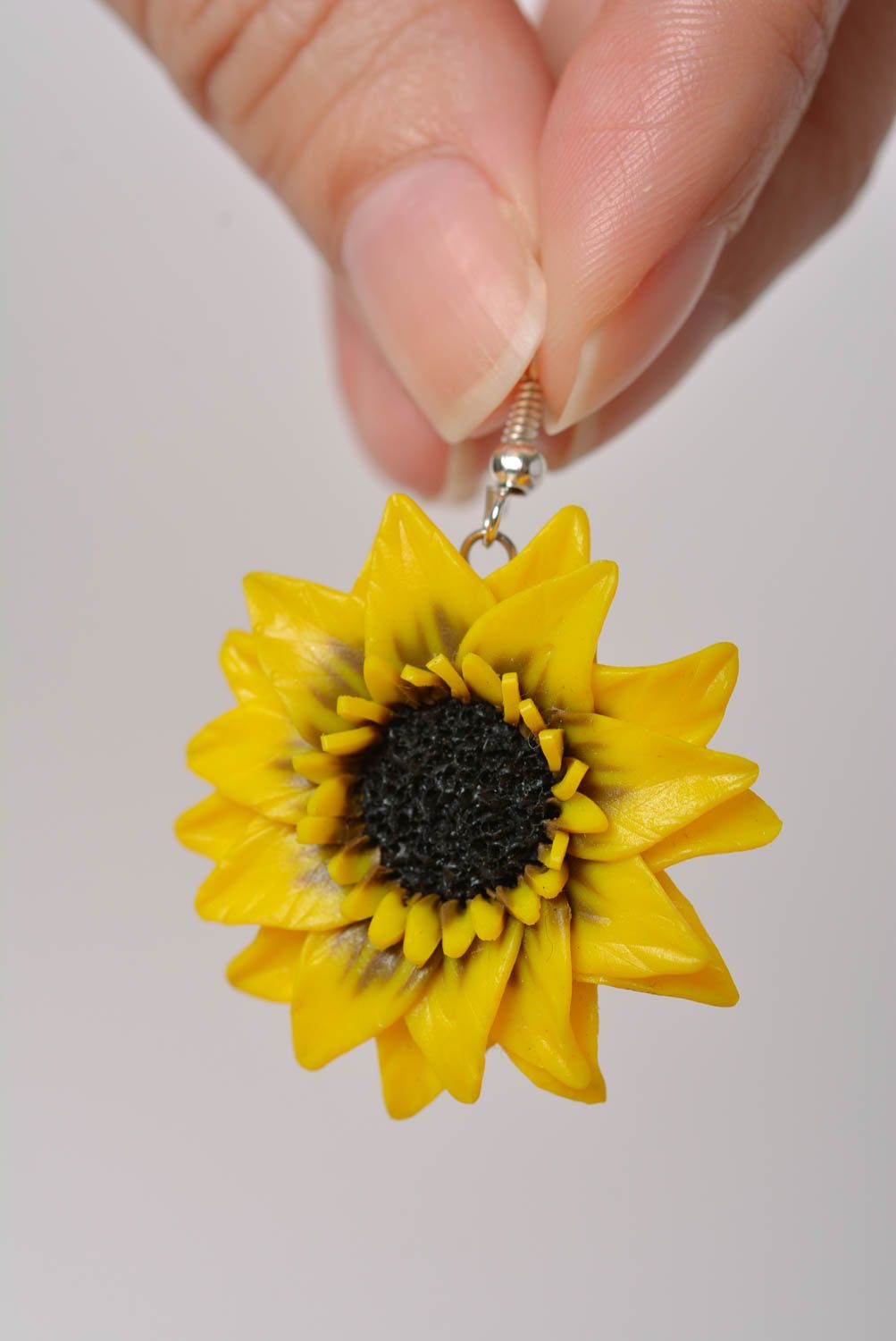 Beautiful yellow handmade designer polymer clay dangle earrings Sunflowers photo 2