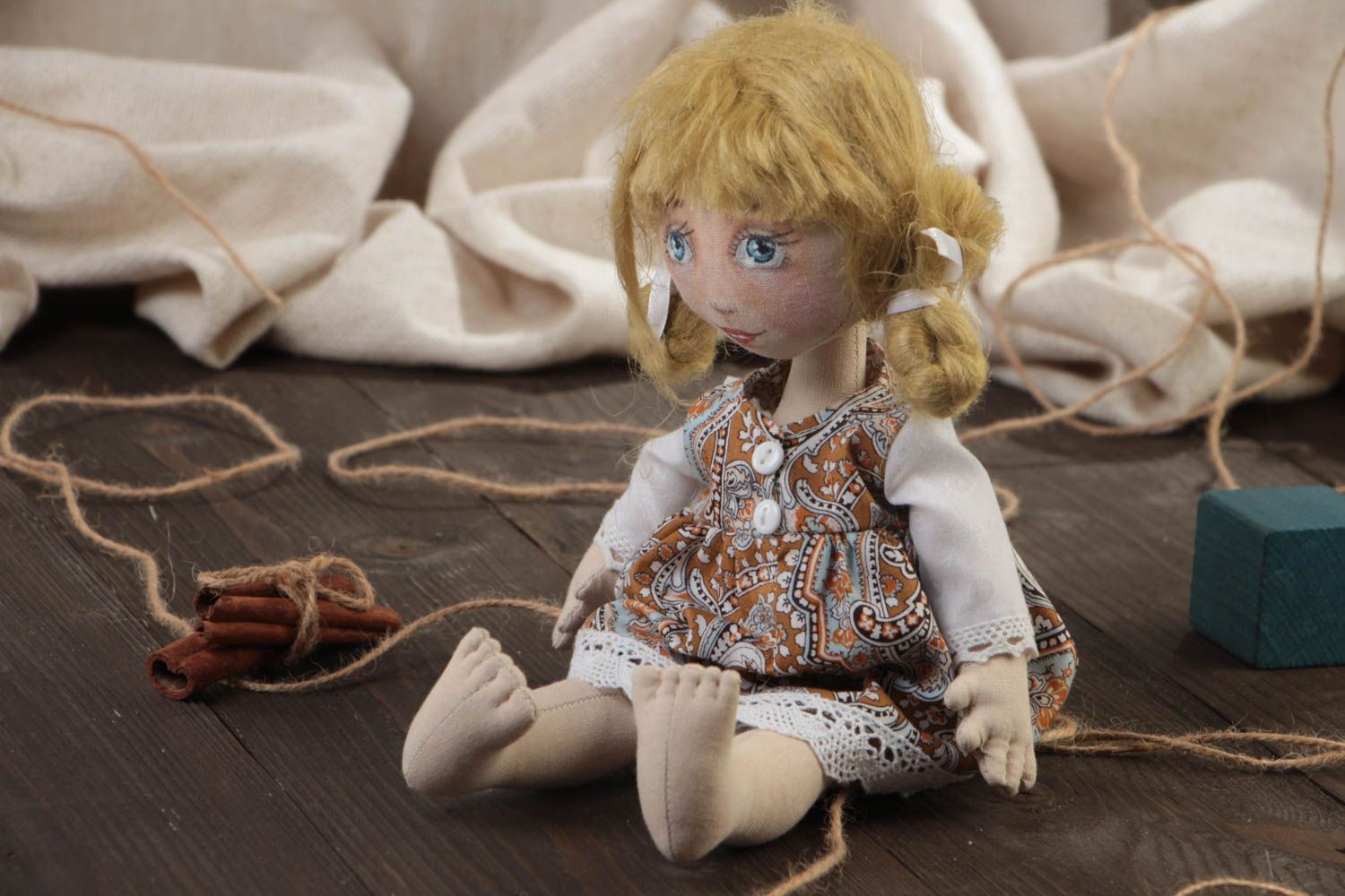 Handmade designer cotton and batiste fabric soft doll for interior decor photo 1