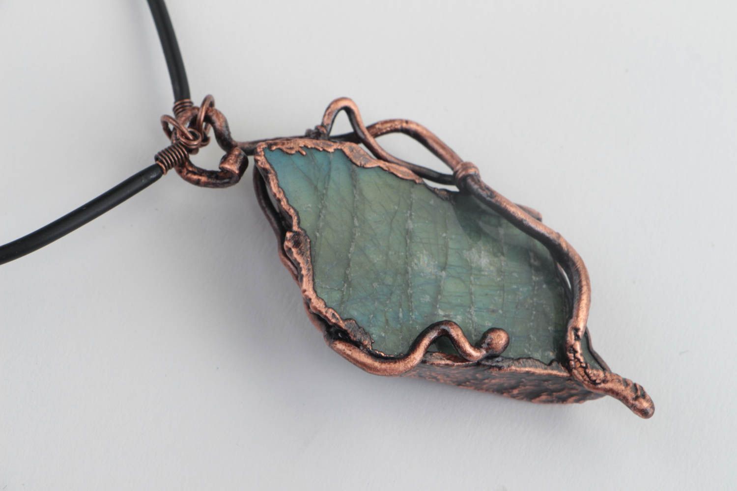 Unusual handmade copper pendant with natural stones on rubber cord photo 2