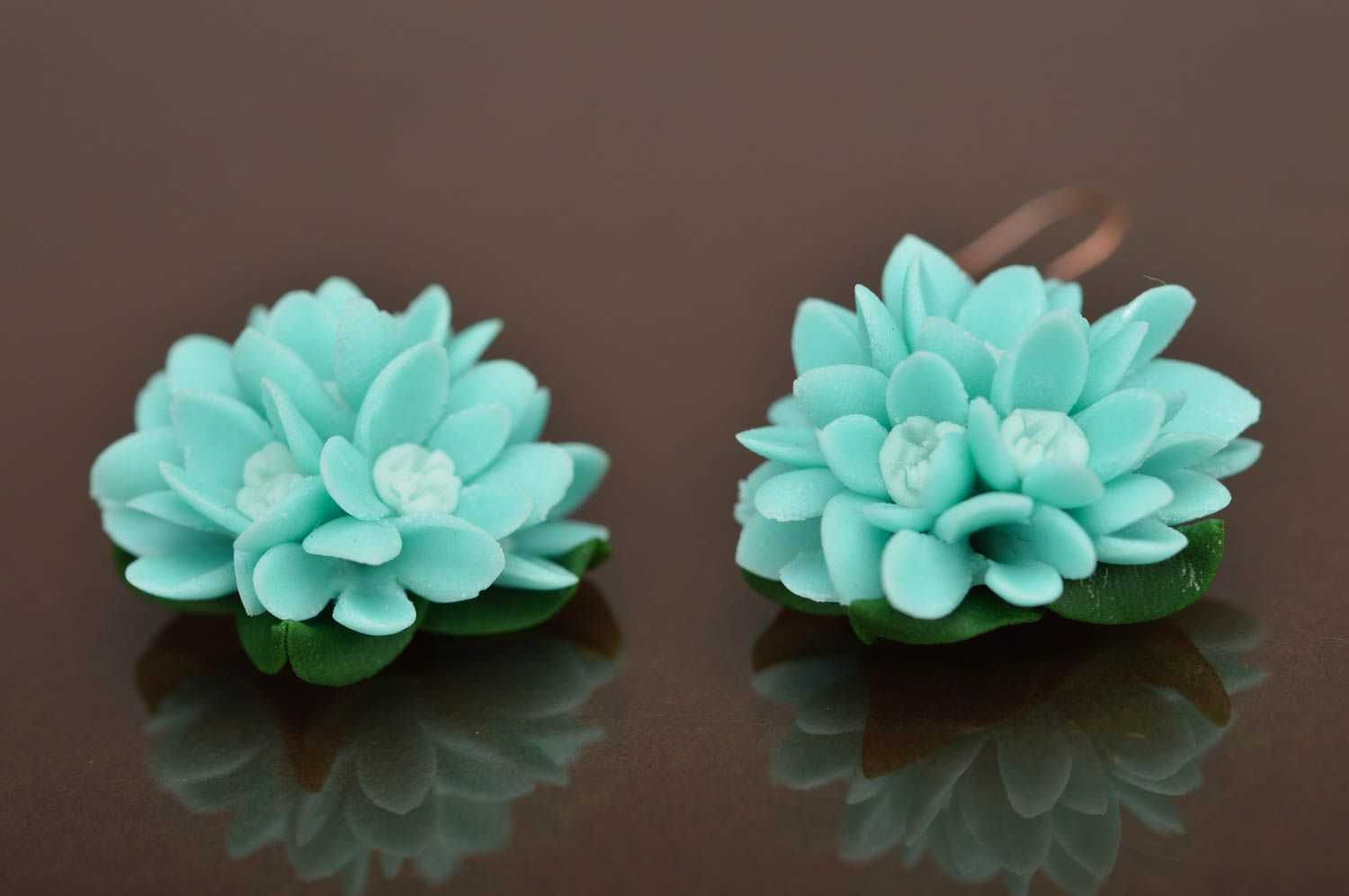 Beautiful handmade earrings made of polymer clay tender blue flowers in bouquet photo 2