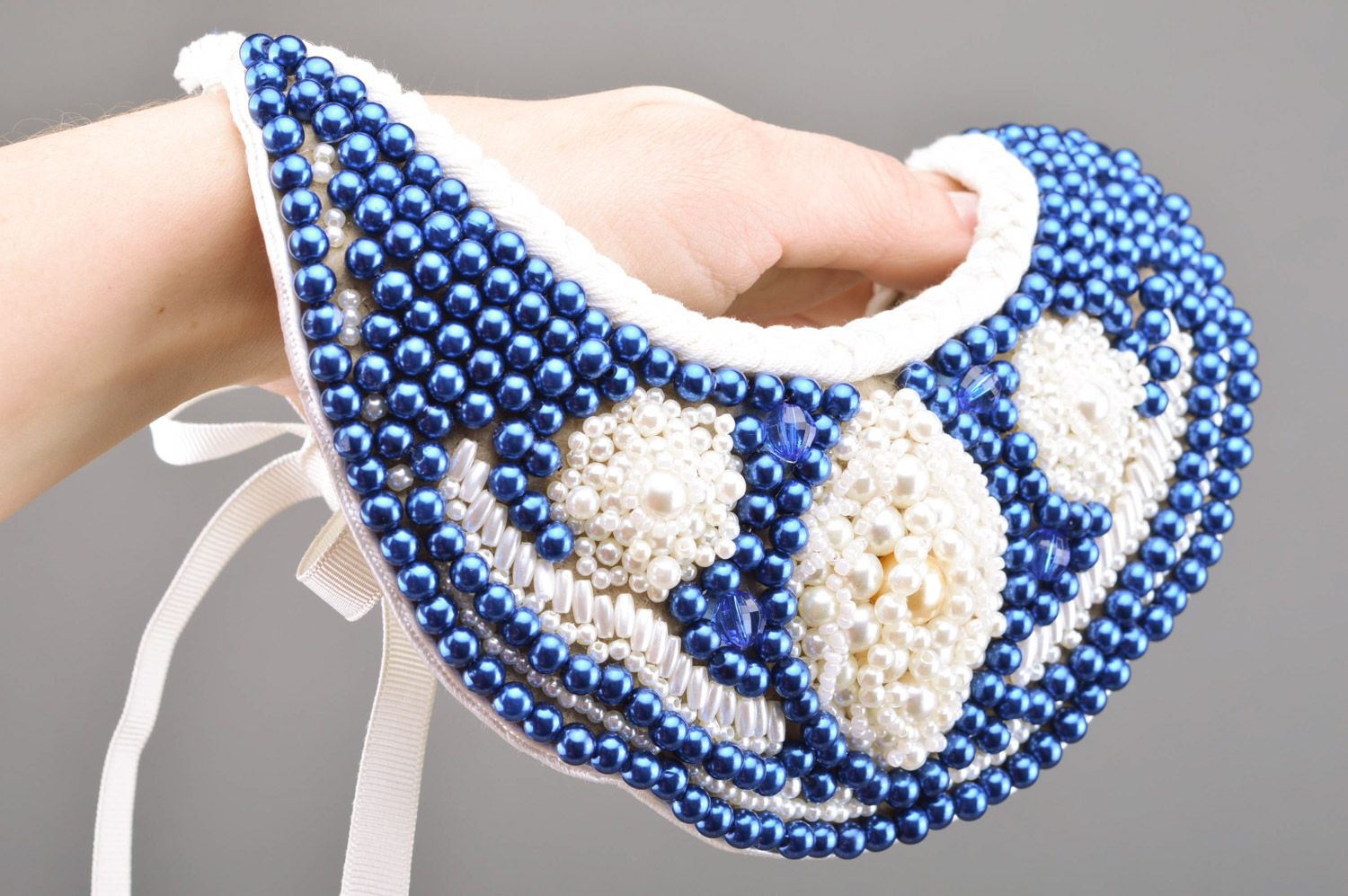 Handmade blue and white bead embroidered collar necklace with white ribbon photo 5