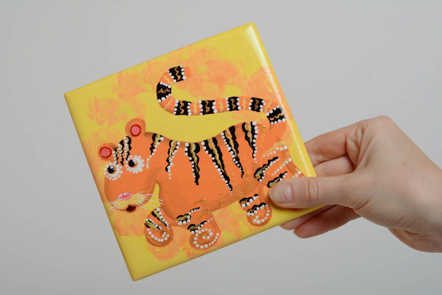 Petit tableau acrylique tigre en panneau de fibres fait main jaune-orange photo 5
