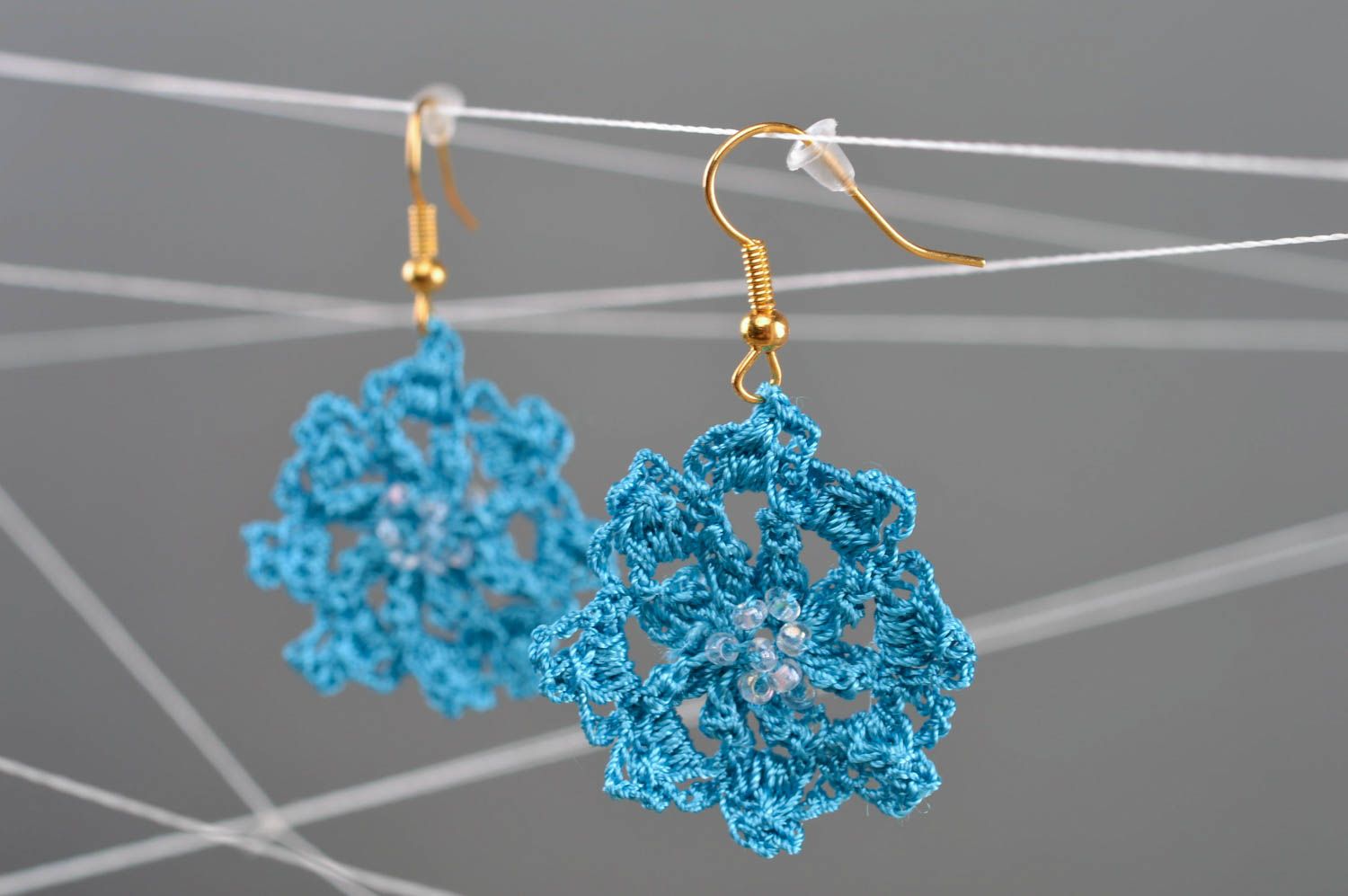 Handmade textile earrings made of cotton and synthetics with blue beads photo 1