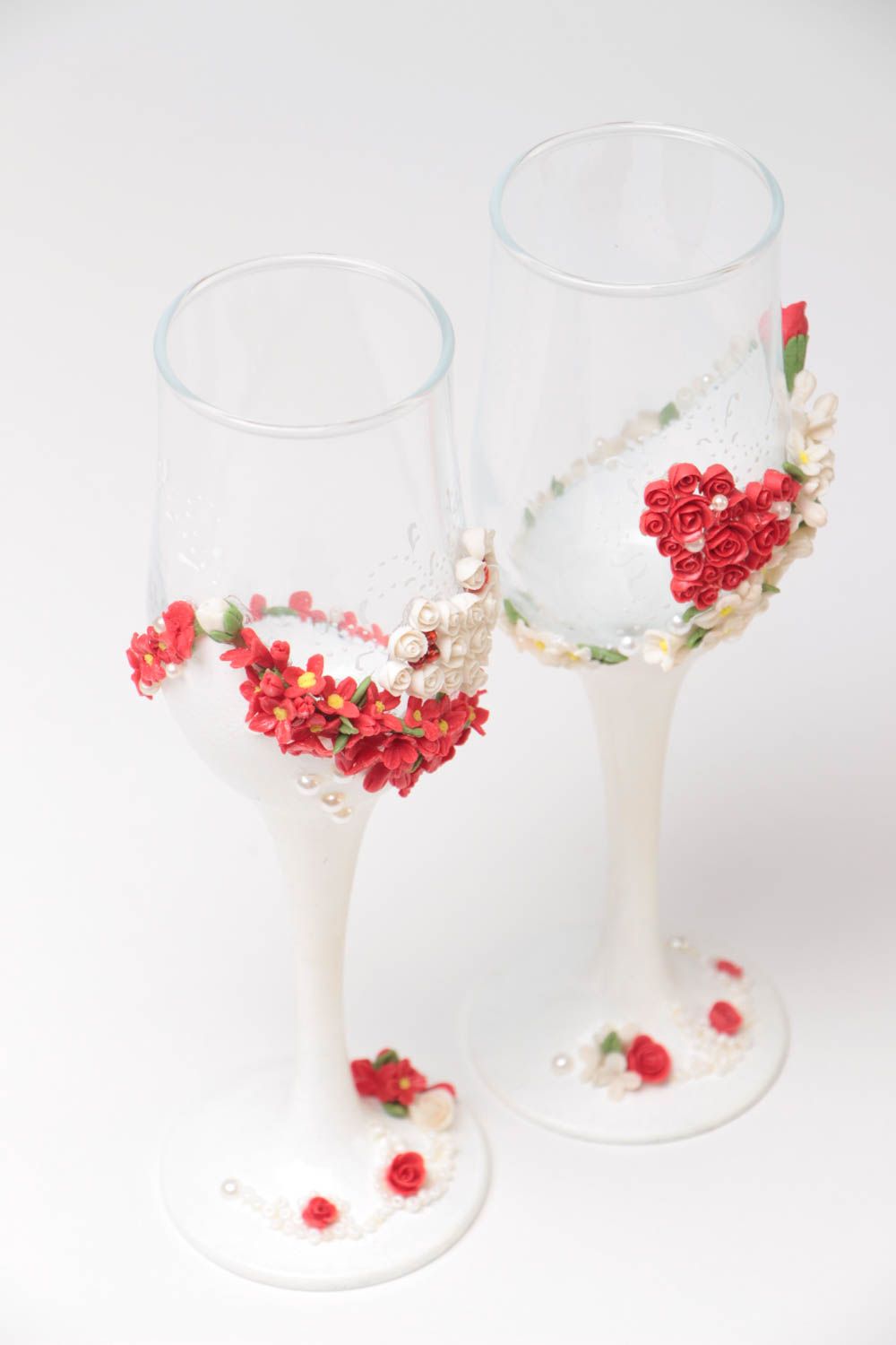 Set of handcrafted unusual designer wedding glasses with flowers 2 pieces photo 2