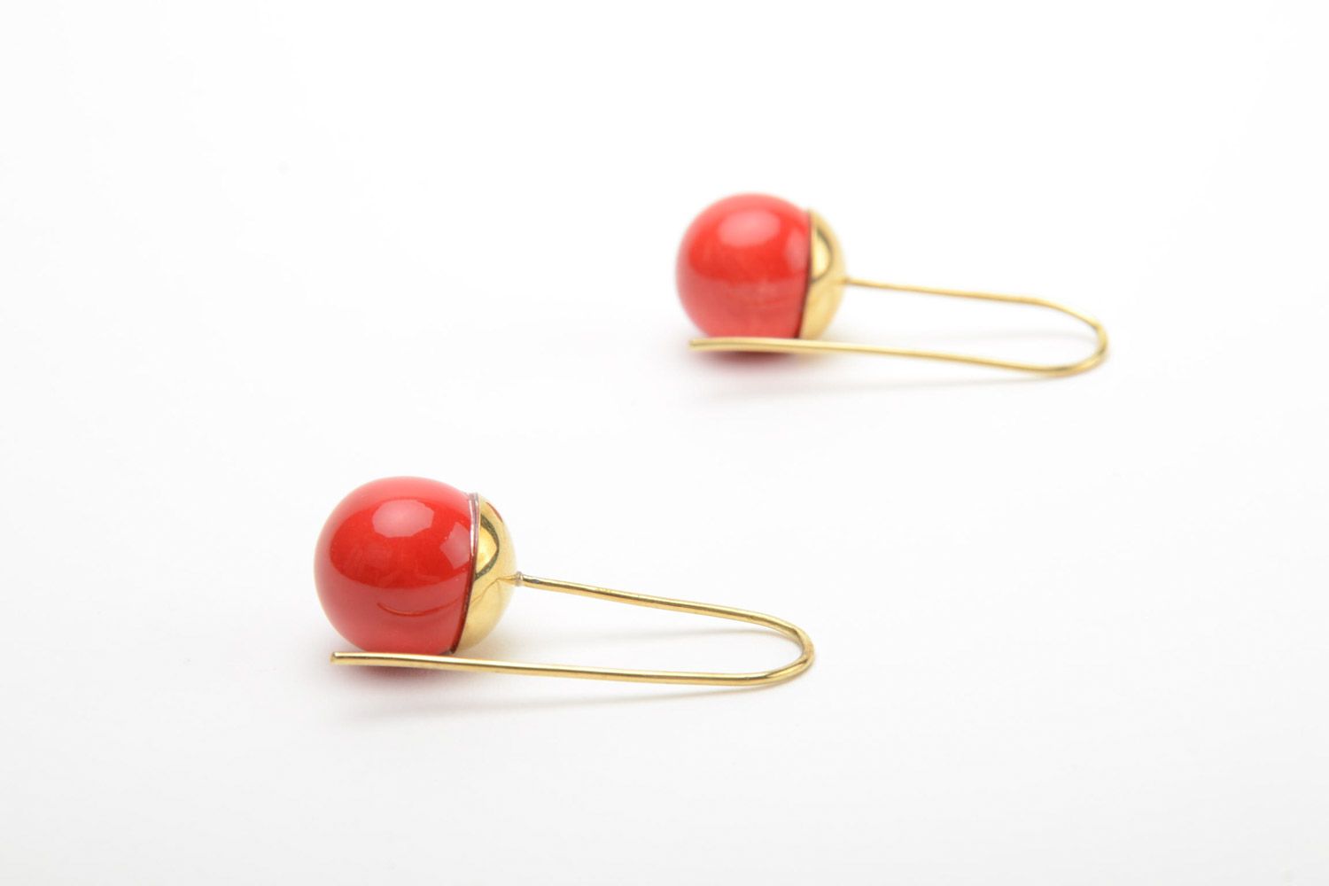 Handmade red ceramic earrings with brass frame and long ear wires photo 4