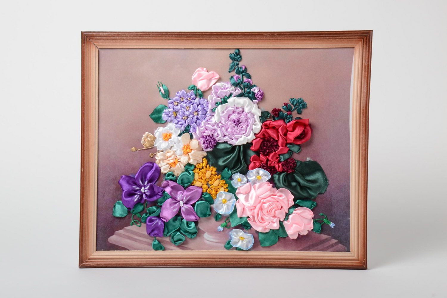 Handmade satin ribbon embroidery with flowers still life in a wooden frame photo 1