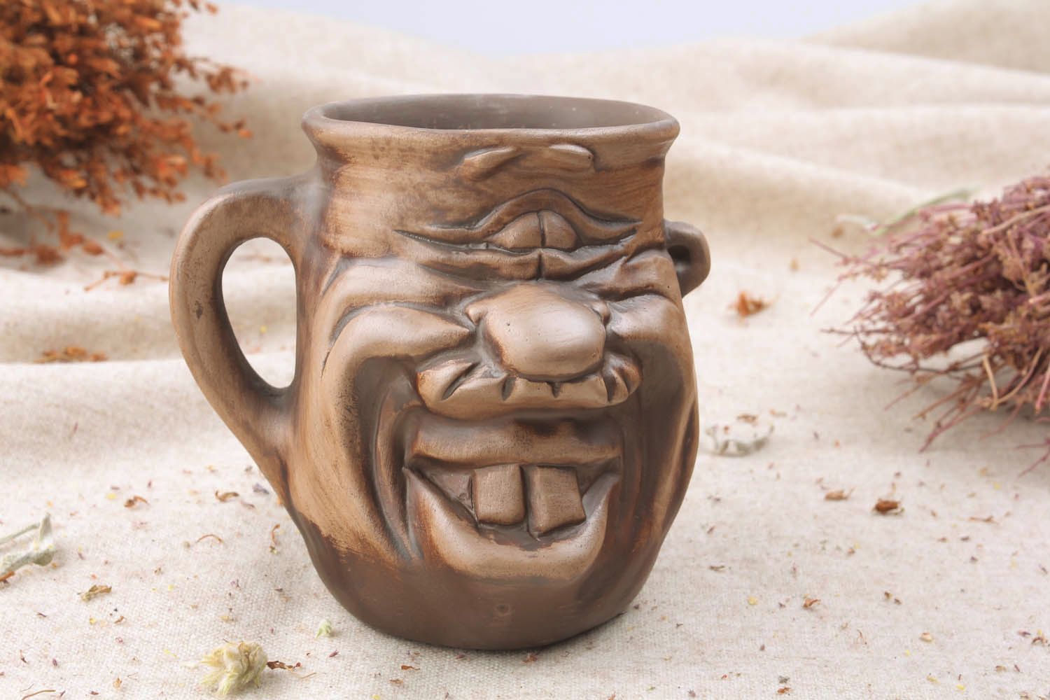 White clay cup with the molded funny face and handle. Great gift for a man. photo 1