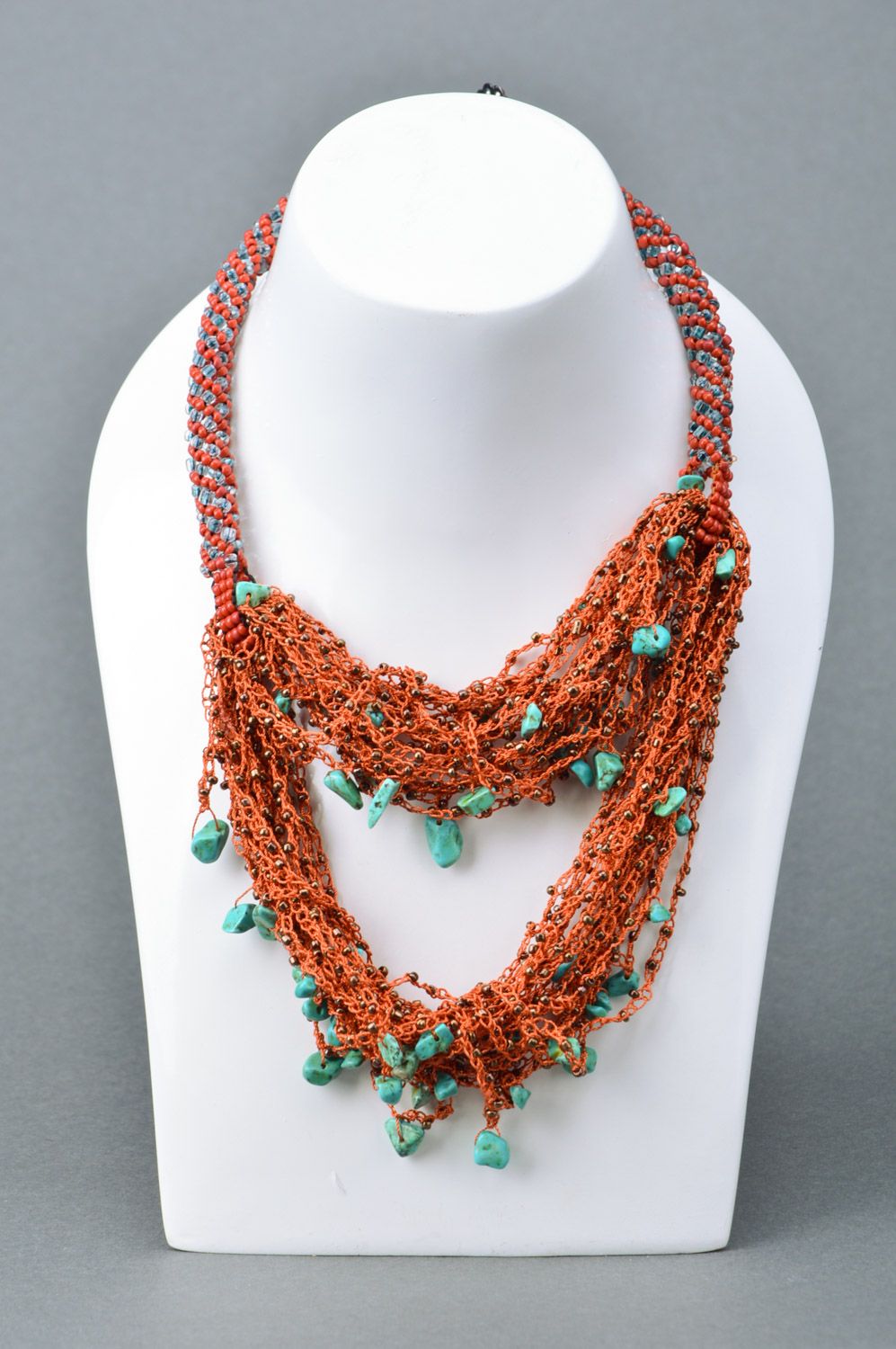 Handmade massive multi row necklace woven of Czech beads and turquoise beads photo 3
