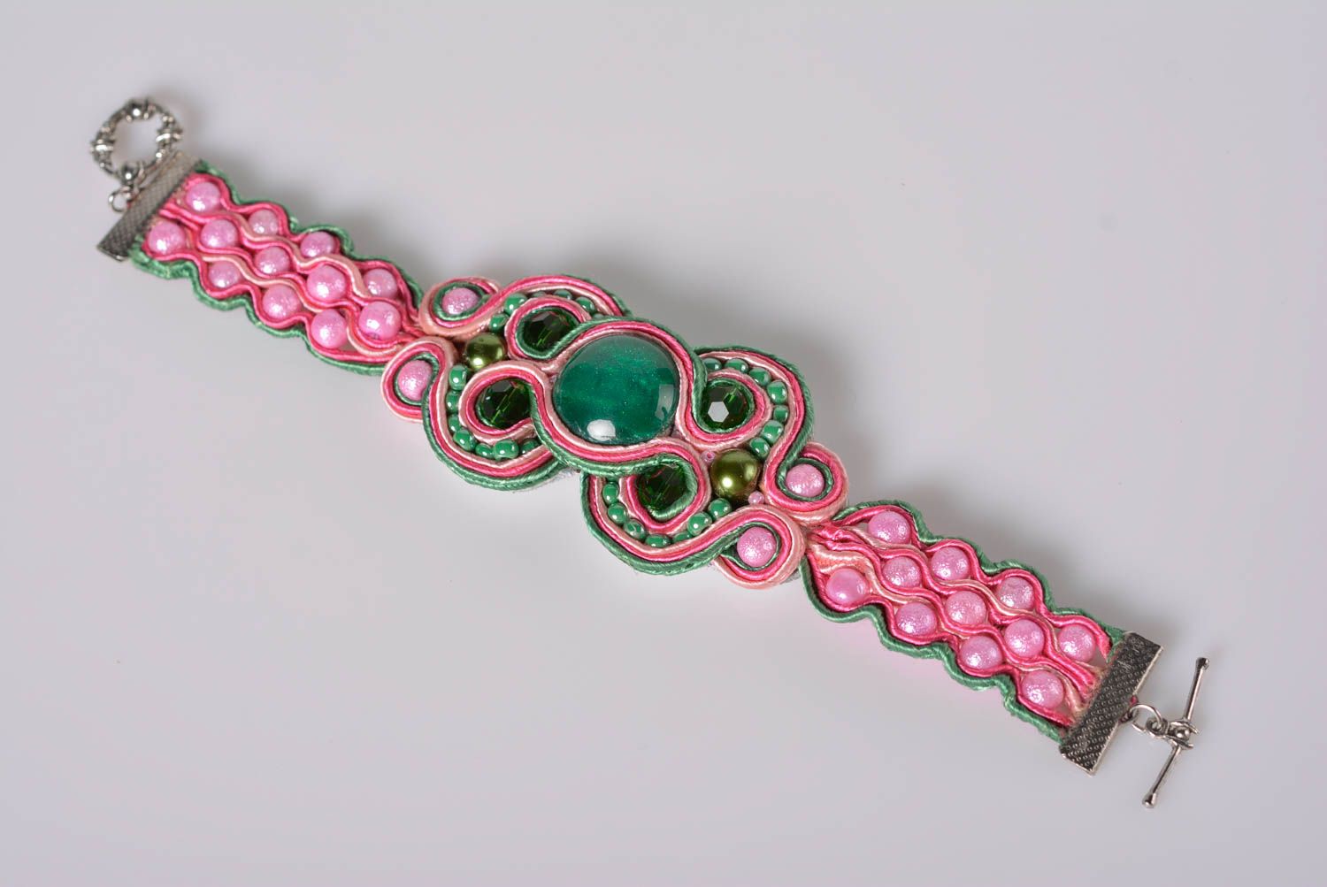 Bracelet soutache Bijou fait main rose vert large original Cadeau pour femme photo 3