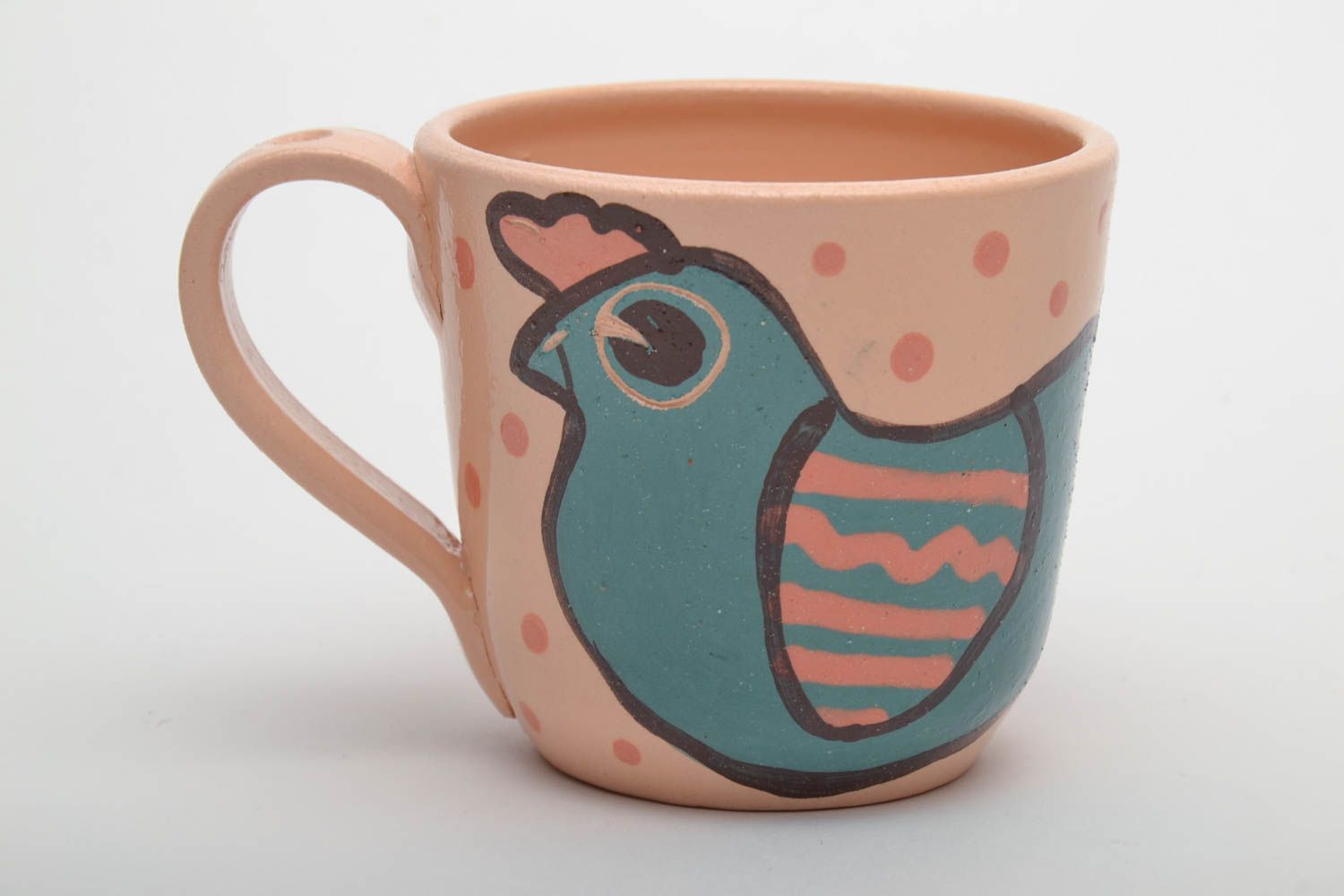 Ceramic cup in peach color with bird pattern. Great gift for a girl. photo 2