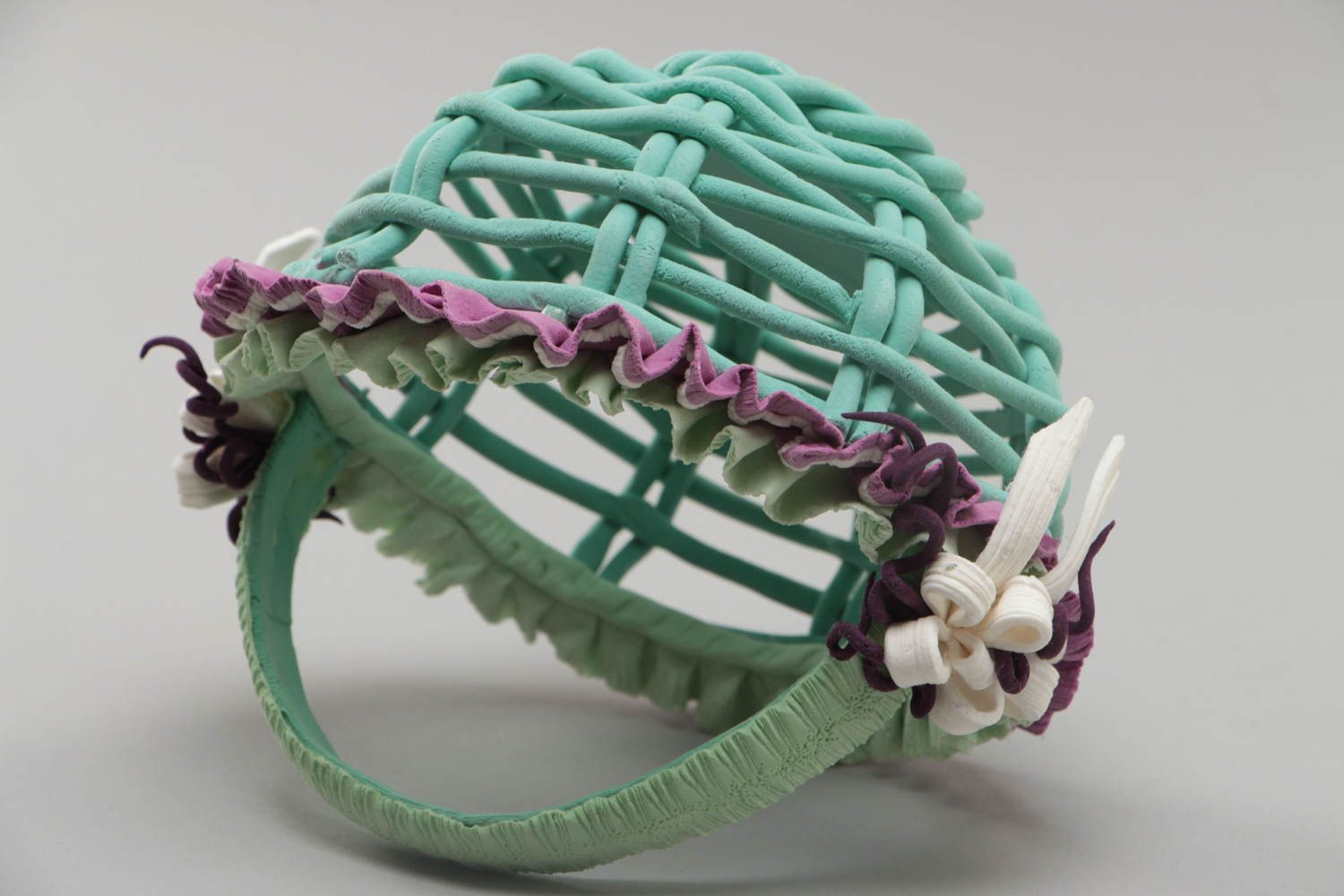 Handmade small decorative polymer clay basket in green and violet colors photo 4