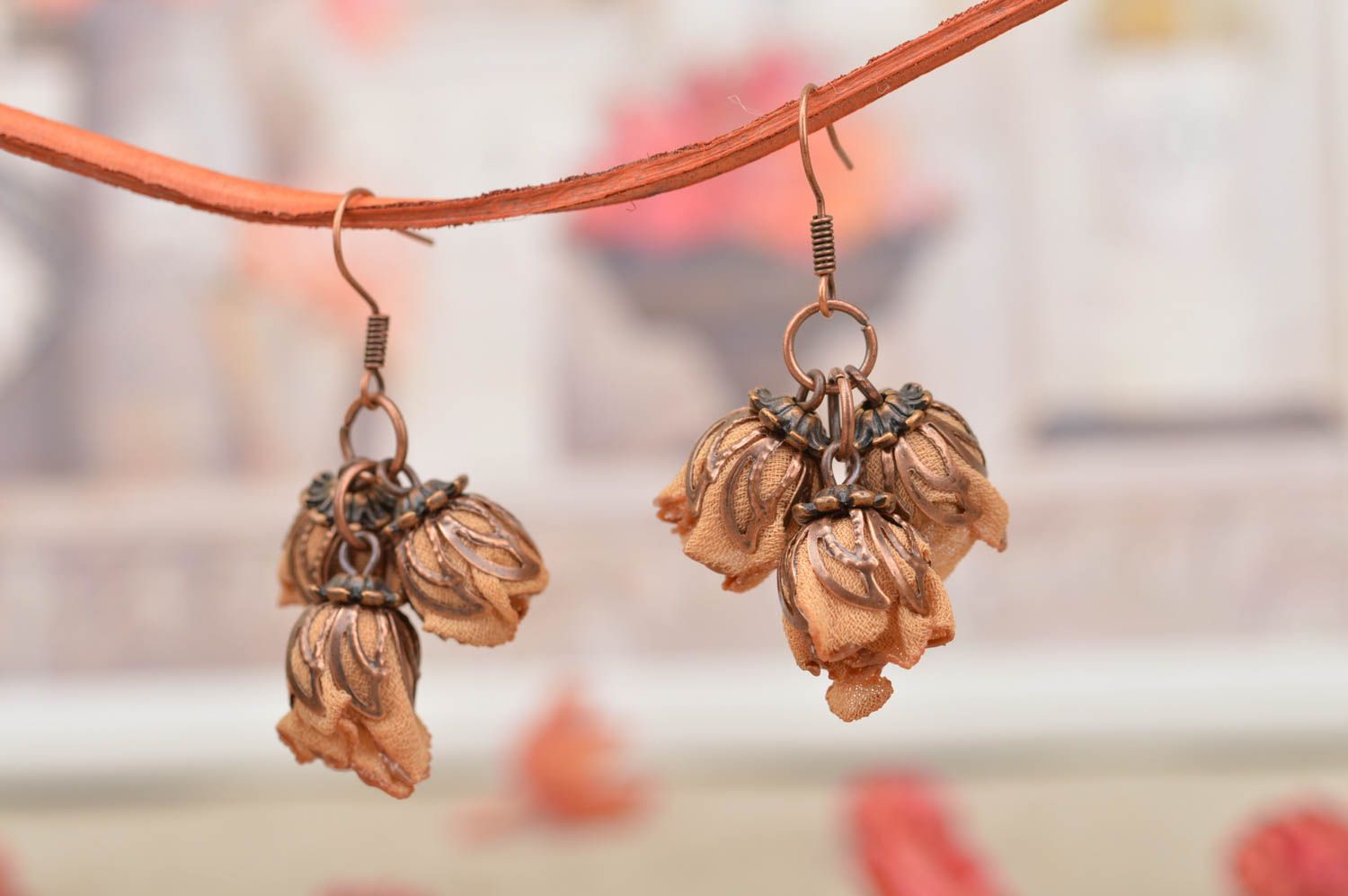 Beige earrings with flowers beautiful textile earrings accessory with charms photo 1