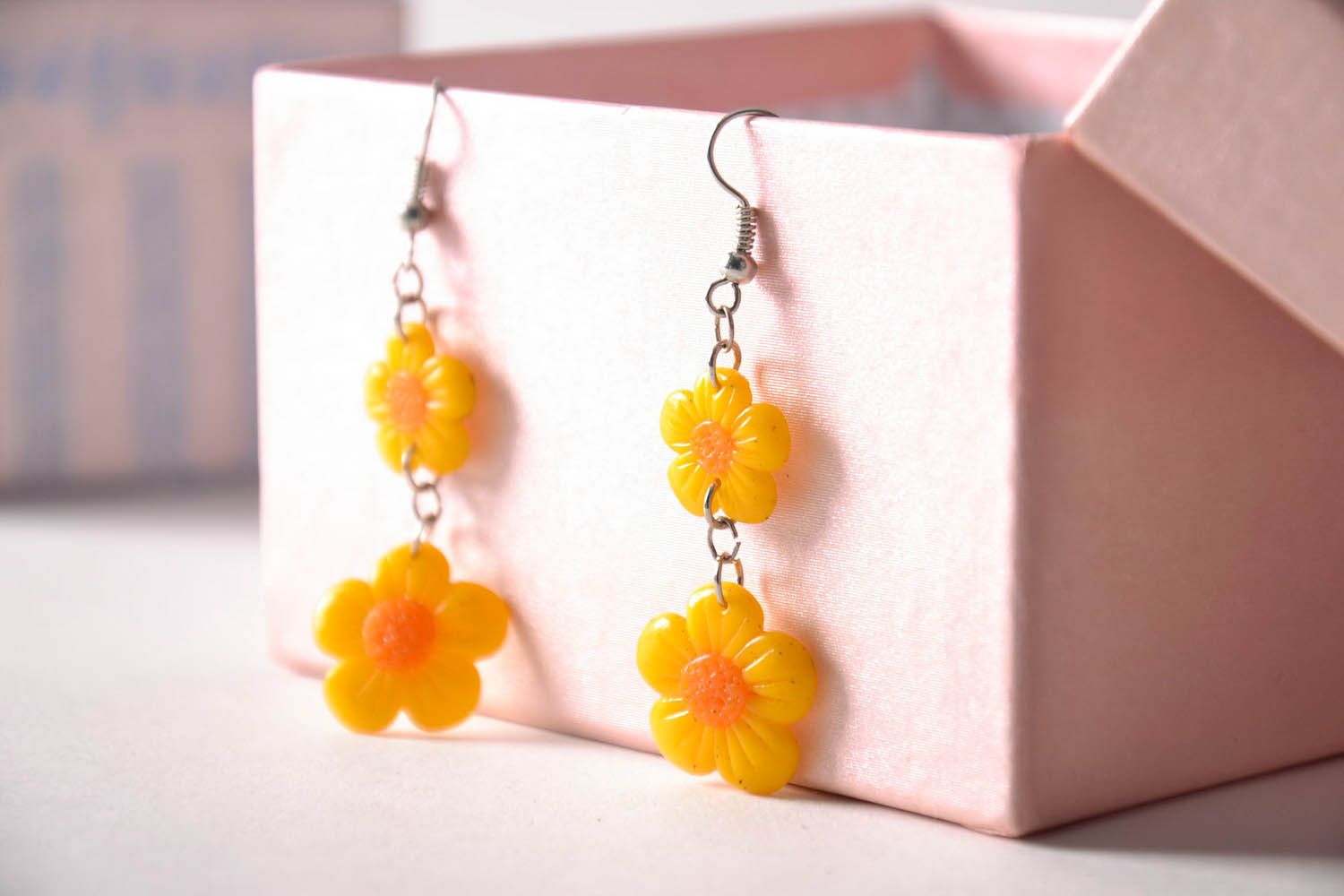 Earrings Made of Polymer Clay Yellow Flowers photo 4