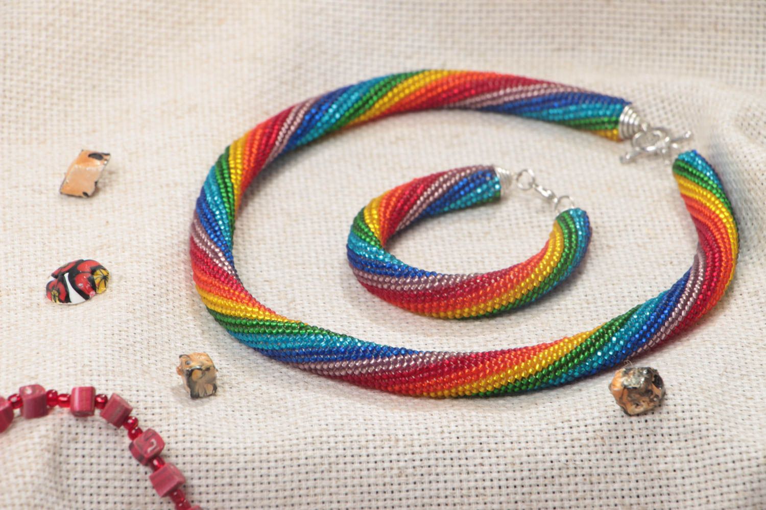 Handmade beaded cord jewelry set of rainbow coloring necklace and wrist bracelet photo 1