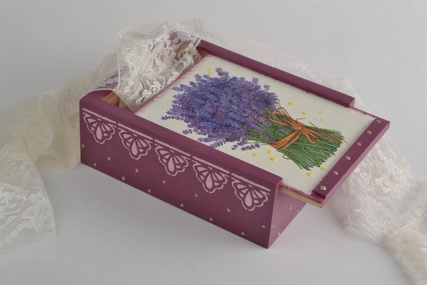 Handmade decorative wooden box with decoupage in Provence style Lavender photo 1