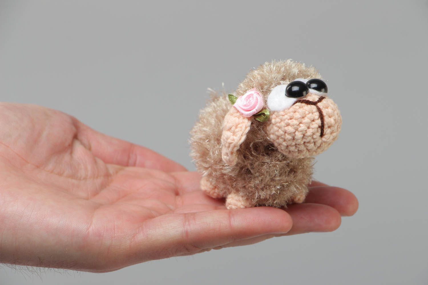 Handmade small soft toy crocheted of acrylic threads beige lamb for children photo 5
