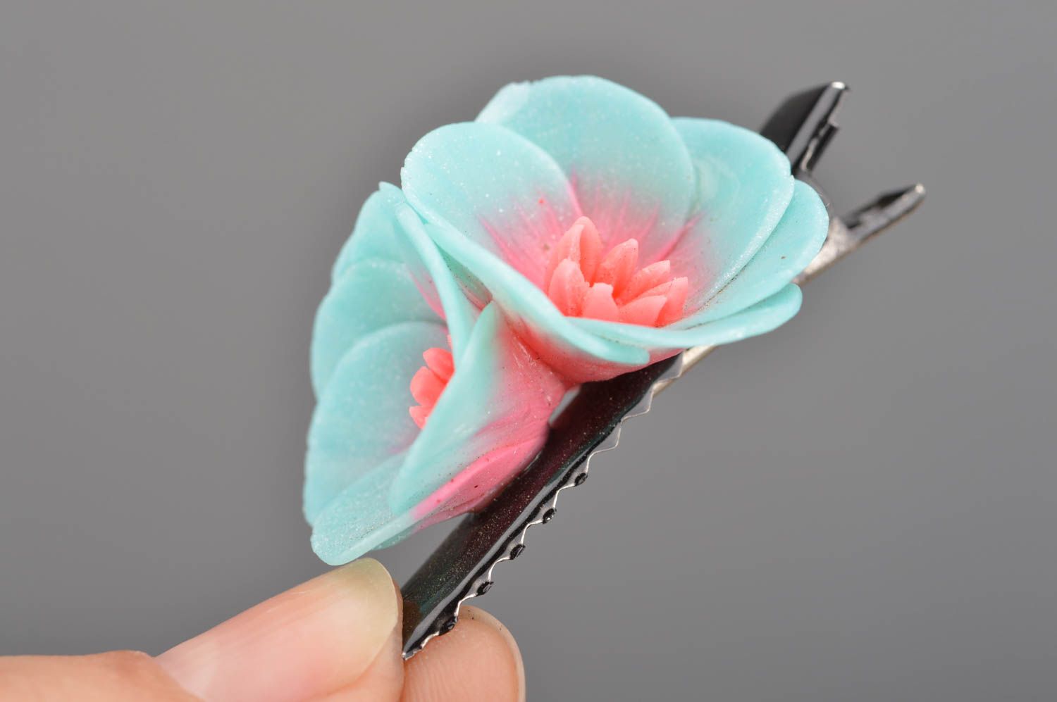 Handmade designer metal hair clip with blue and pink polymer clay flowers photo 2