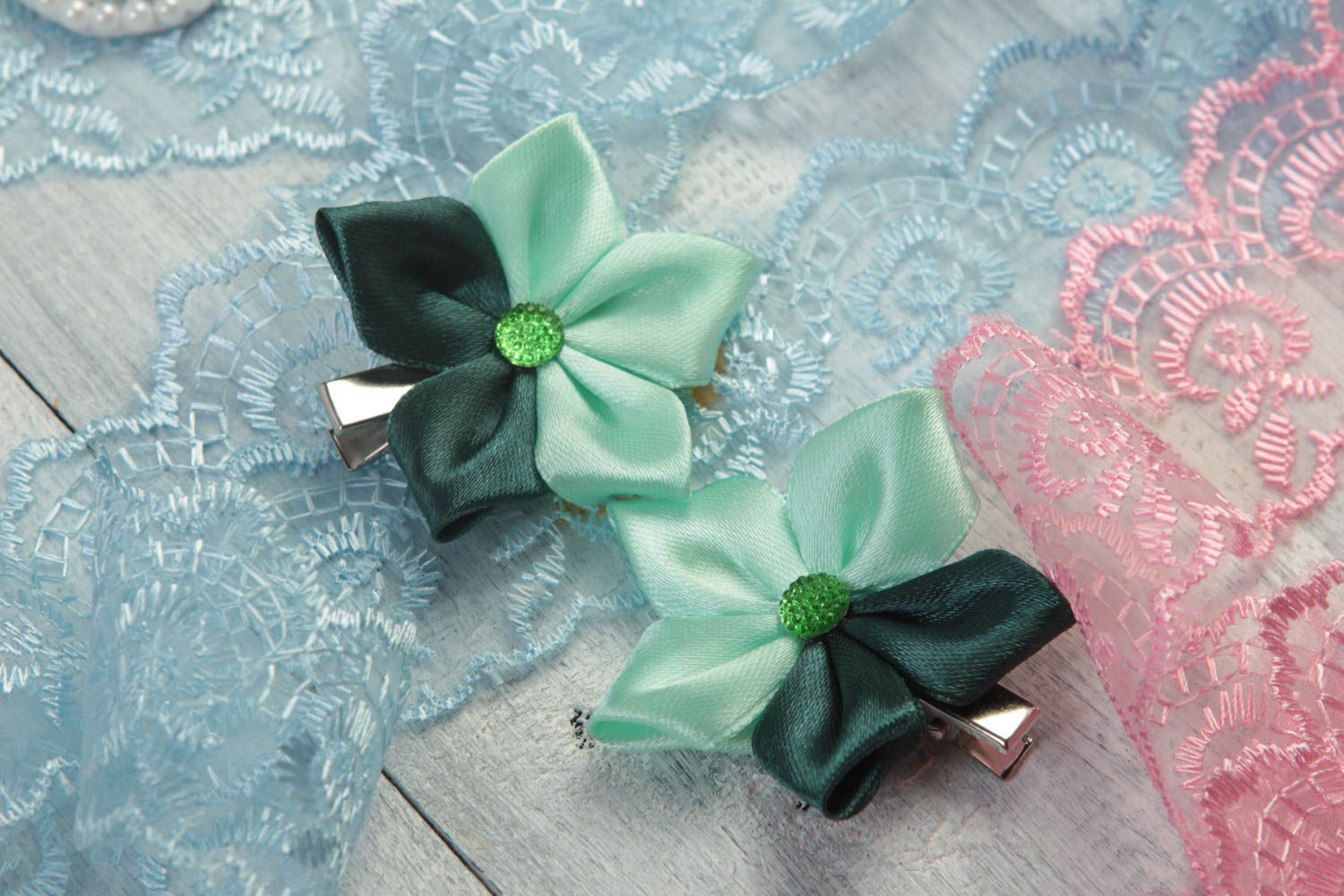 Flower hair clips handmade hair accessories set of 2 hair barrettes kanzashi photo 1