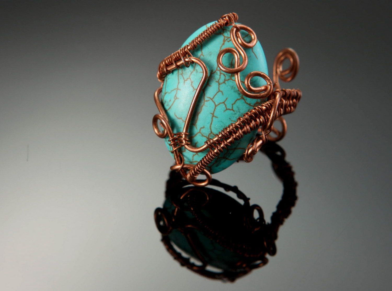 Anel de cobre com imitação da pedra turquesa foto 3