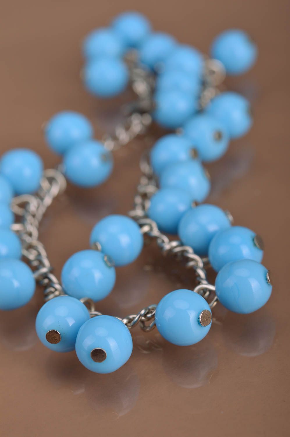 Handmade designer metal chain women's wrist bracelet with blue round beads photo 4