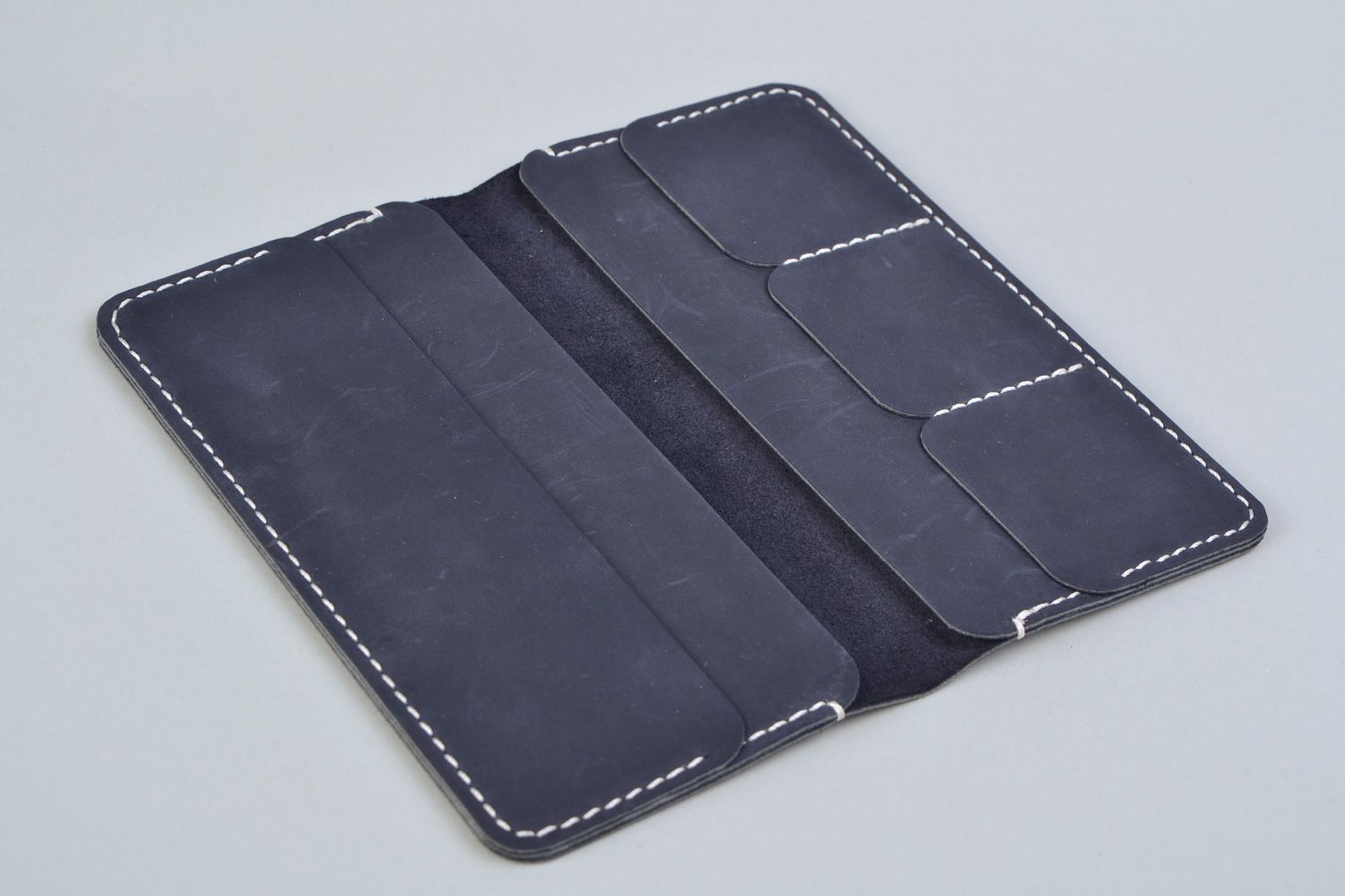 Portefeuille en vrai cuir fait main bleu à six compartiments pratique original photo 3
