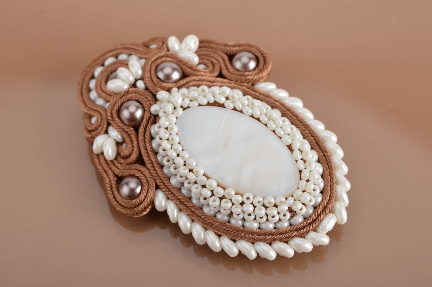 Beautiful handmade women's vintage soutache brooch with beads photo 2